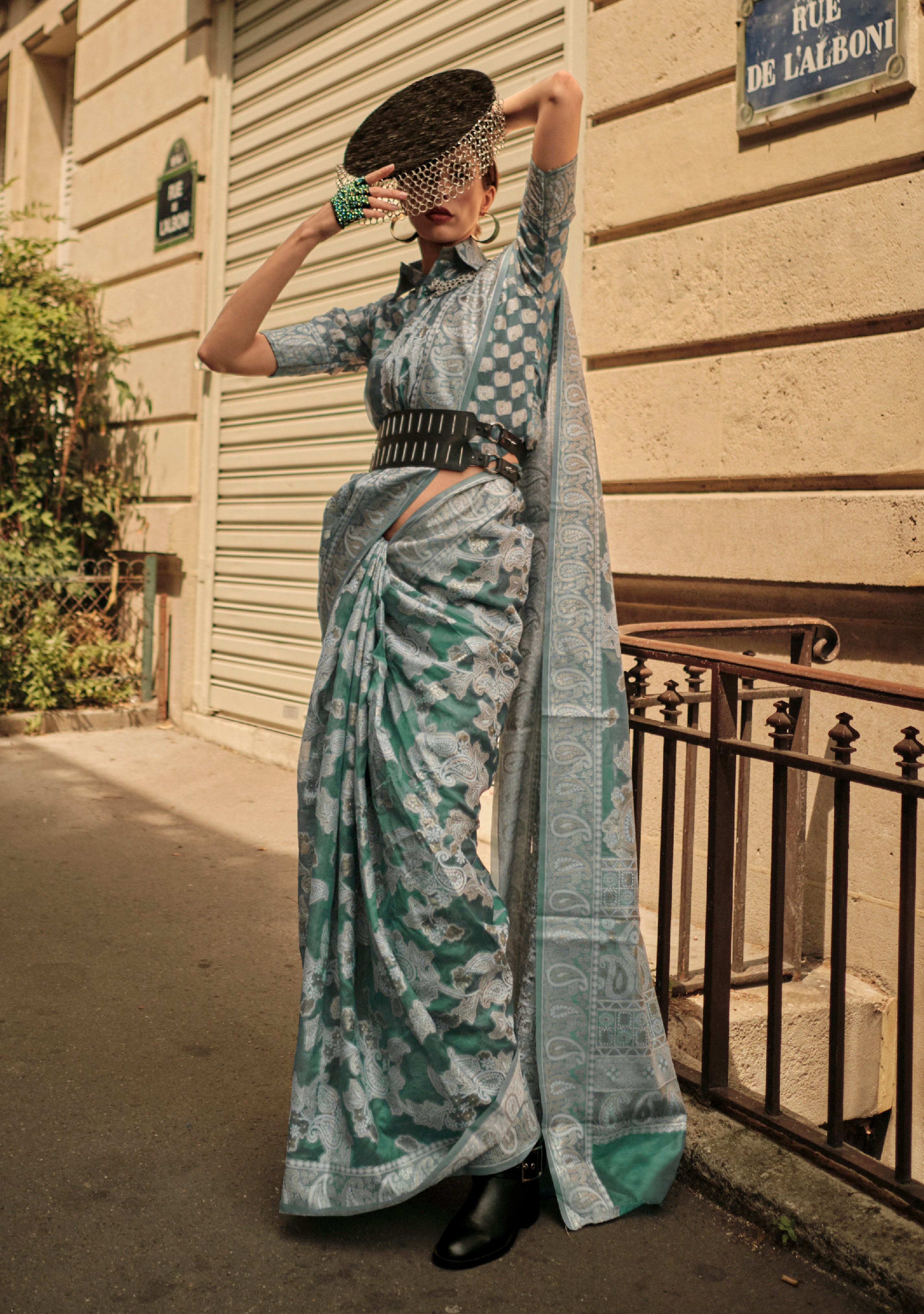 Emerald Organza Saree With Jacquard Woven Chikankari Work