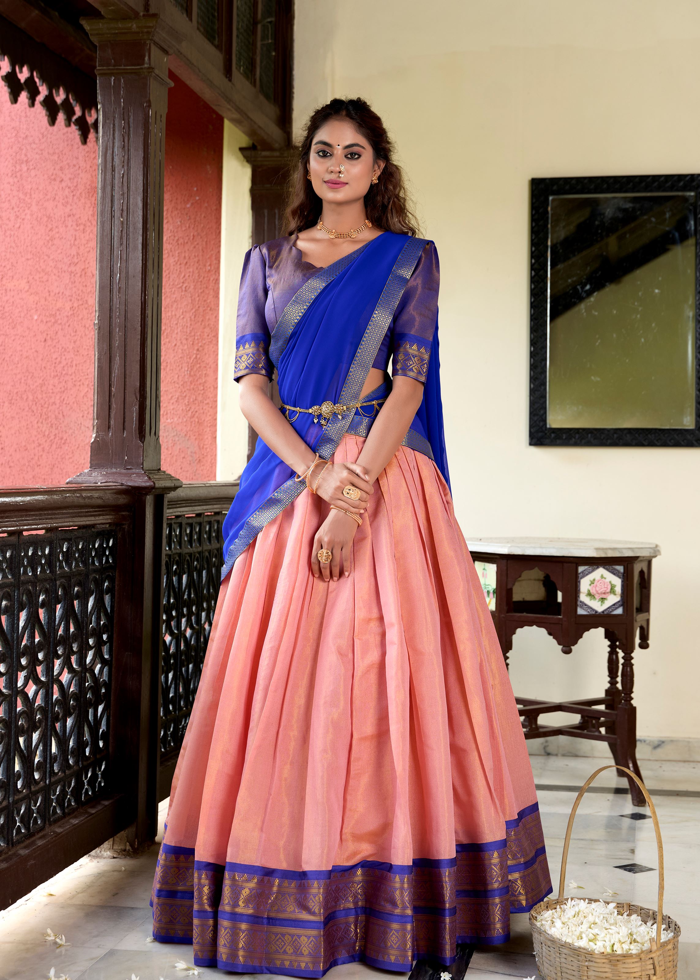 Ethereal Beauty In Peach Kanchipuram Zari Woven Silk Lehenga For Grand Celebrations