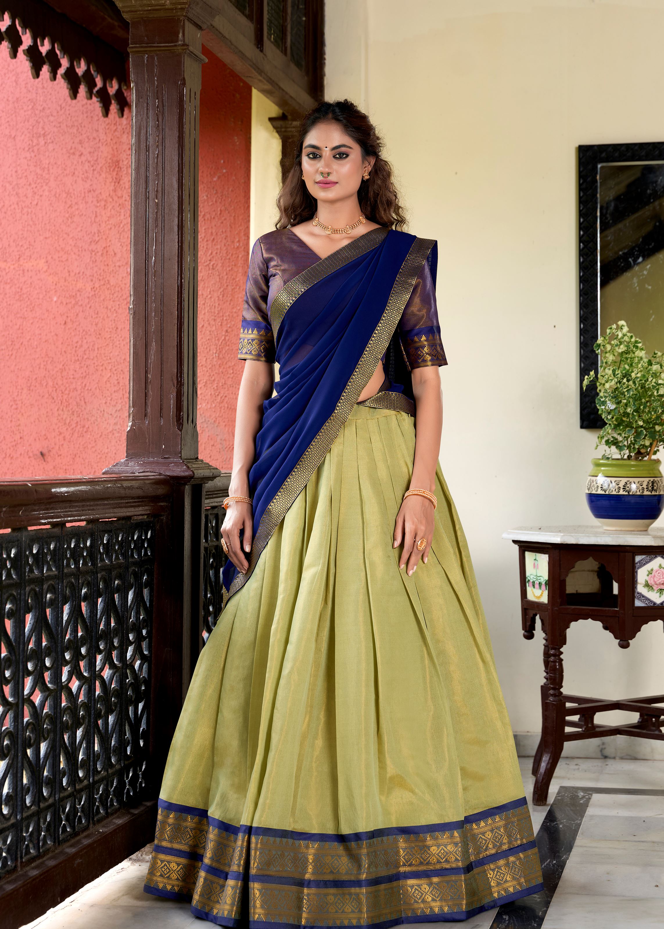 Ethereal Beauty In Pista Kanchipuram Zari Woven Silk Lehenga For Grand Celebrations