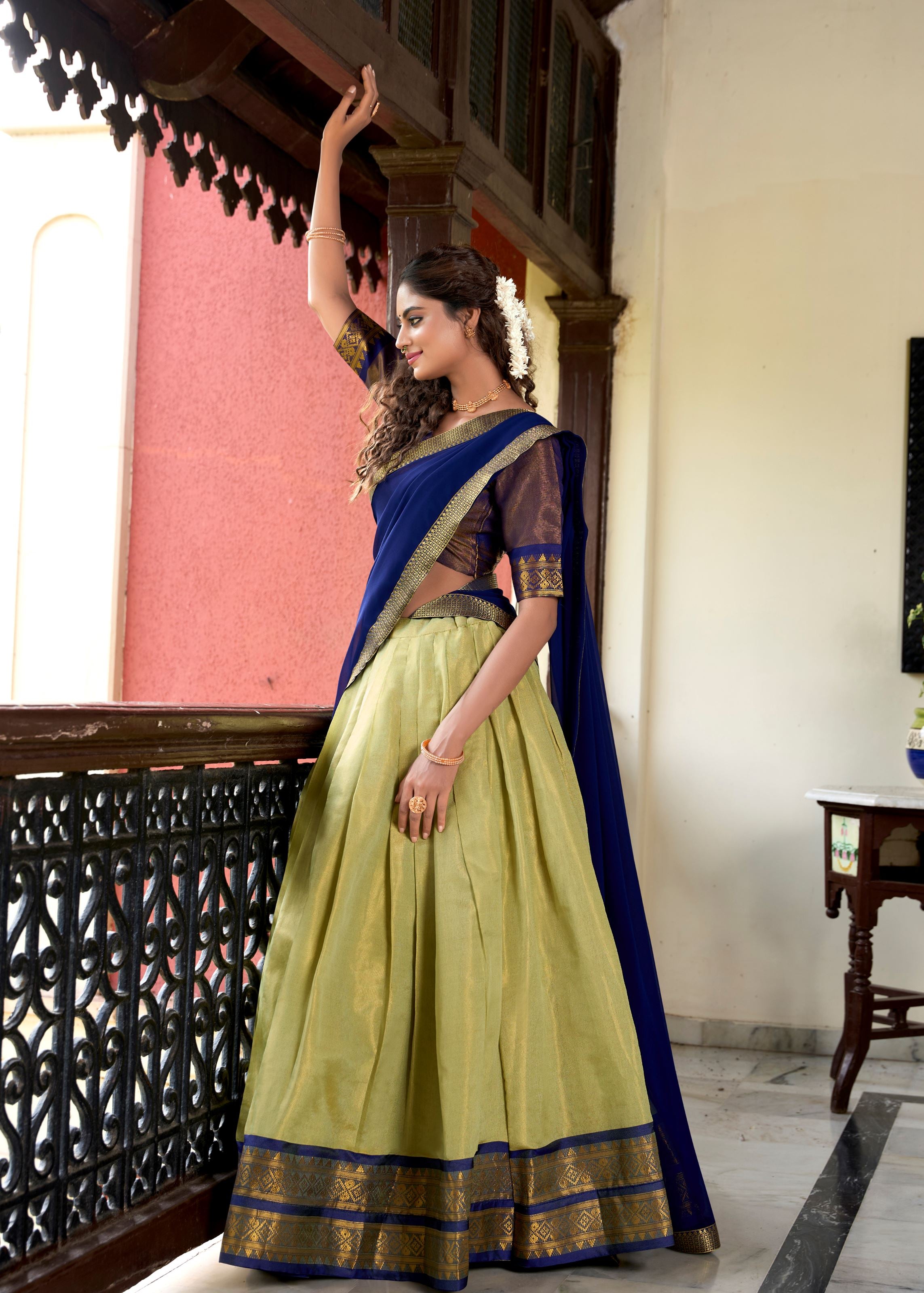 Ethereal Beauty In Pista Kanchipuram Zari Woven Silk Lehenga For Grand Celebrations