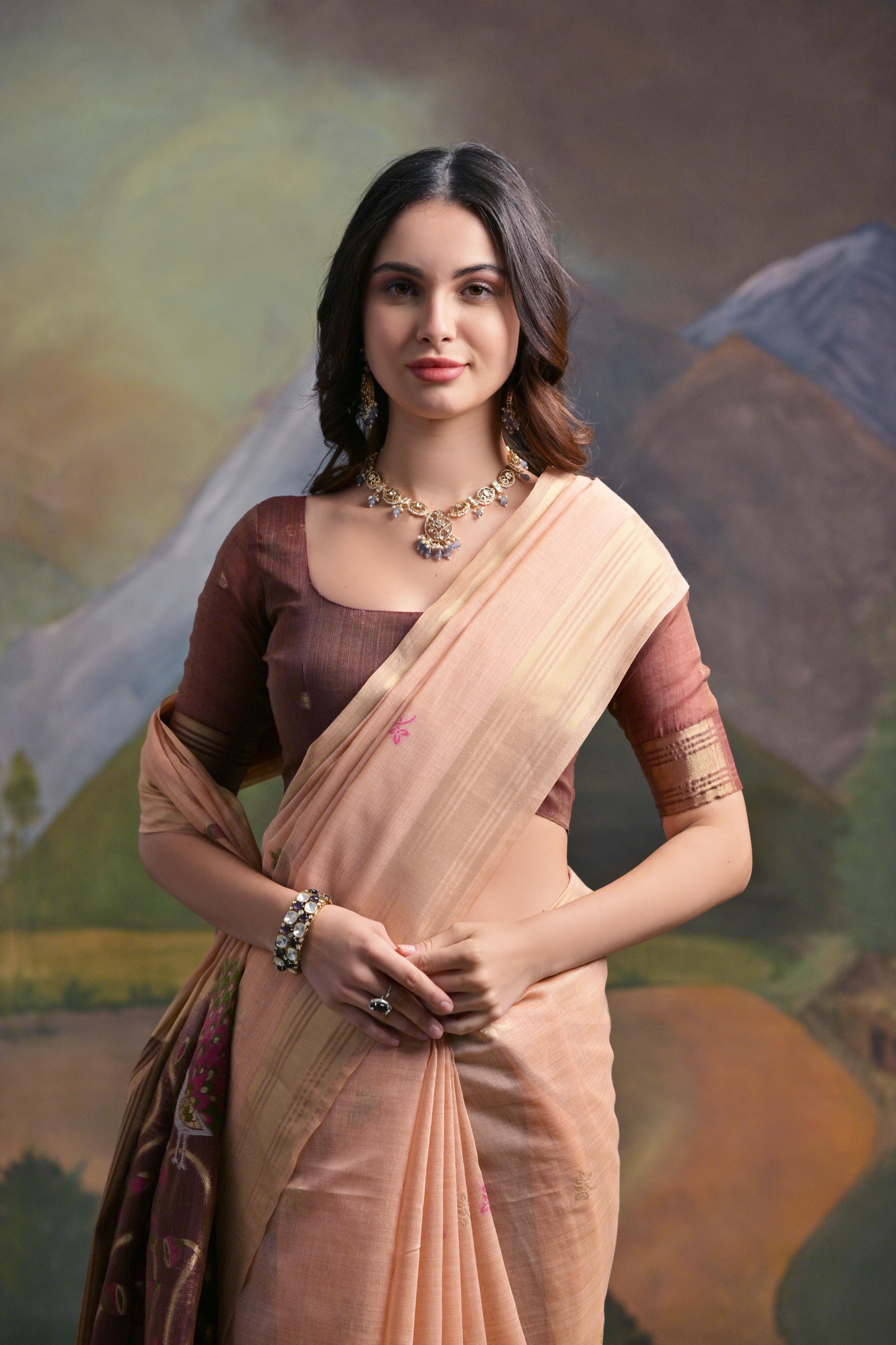Ethnic Peach Muga Cotton Fancy Summer Special Woven Designer Saree
