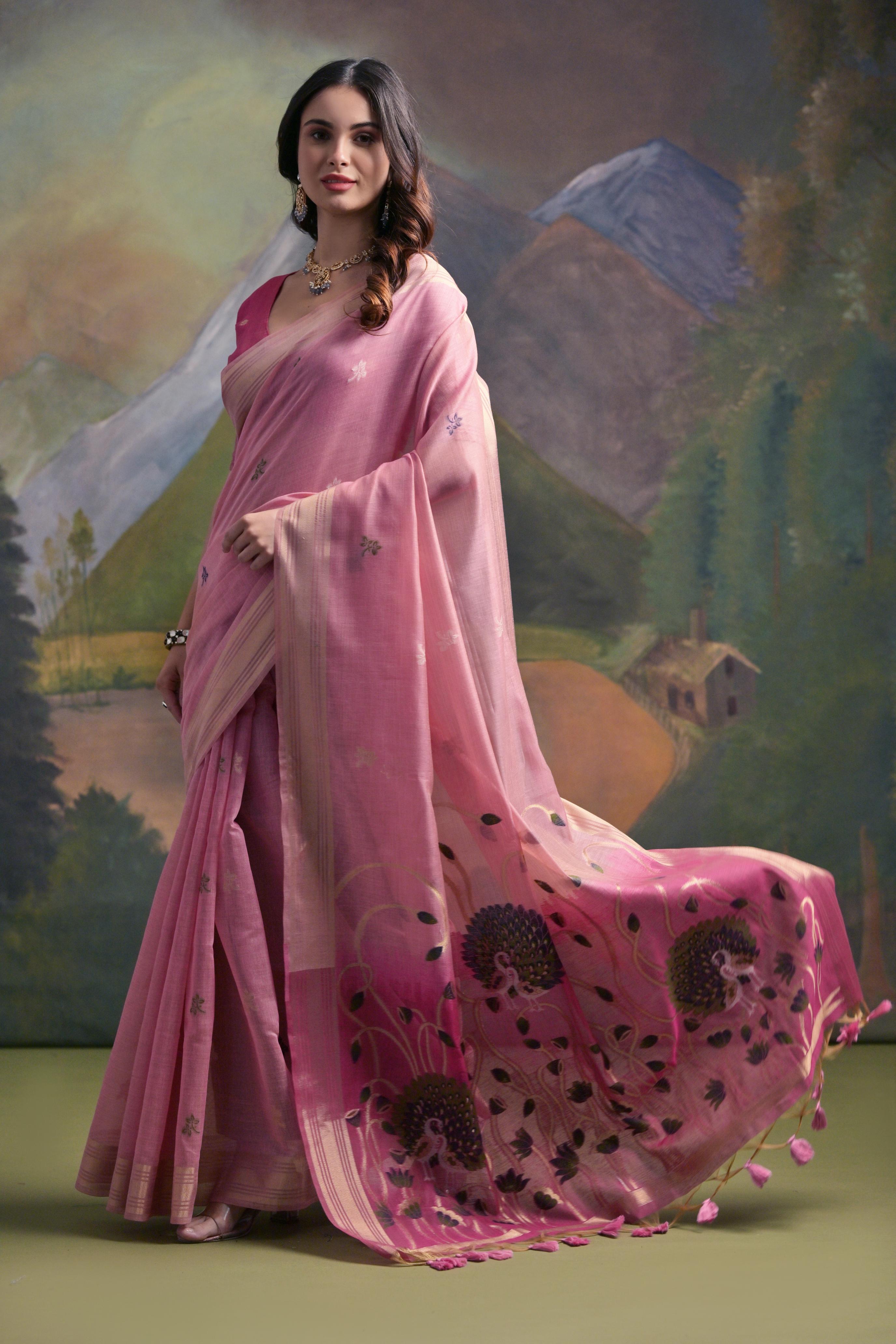 Ethnic Pink Muga Cotton Fancy Summer Special Woven Designer Saree