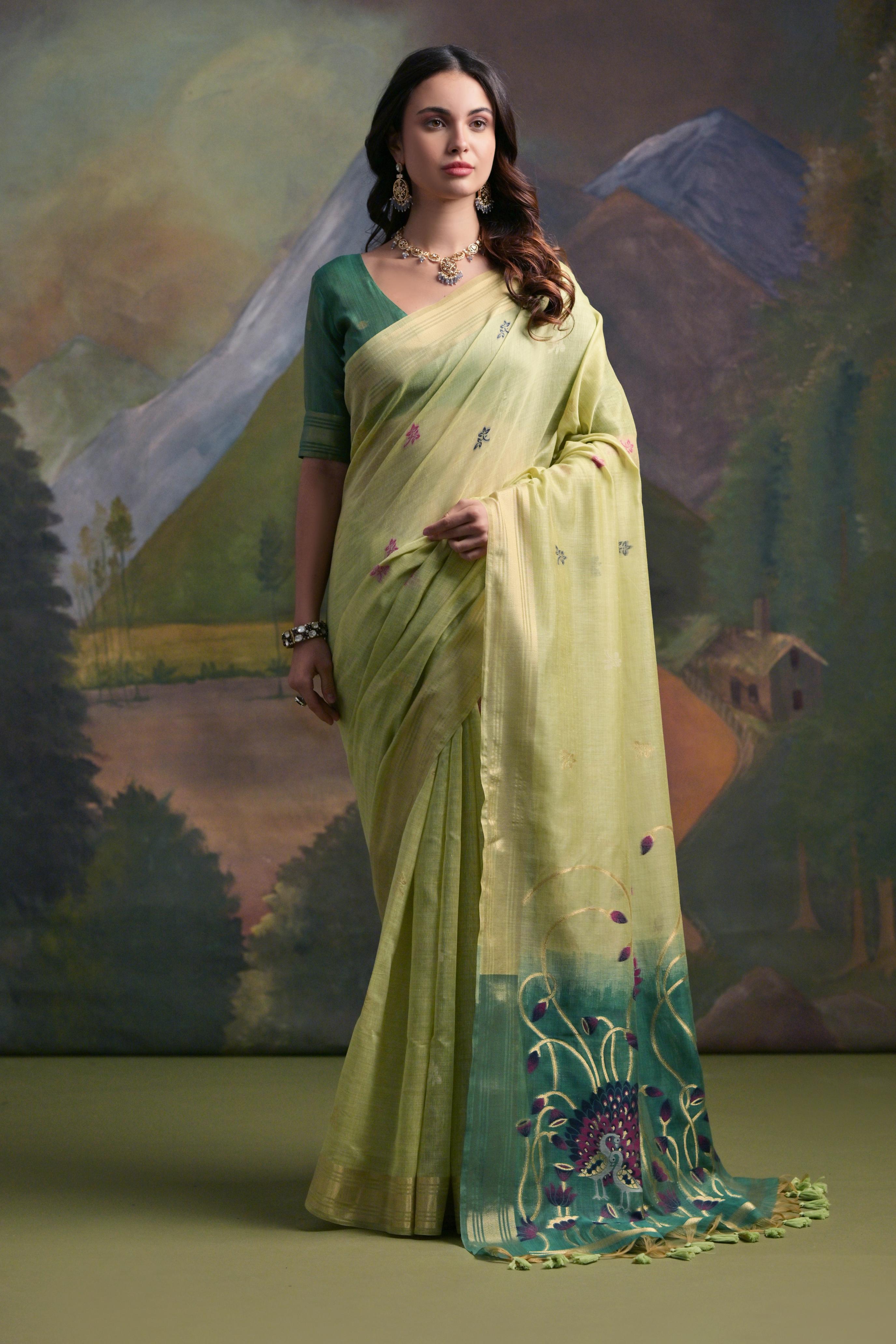 Ethnic Pista Muga Cotton Fancy Summer Special Woven Designer Saree