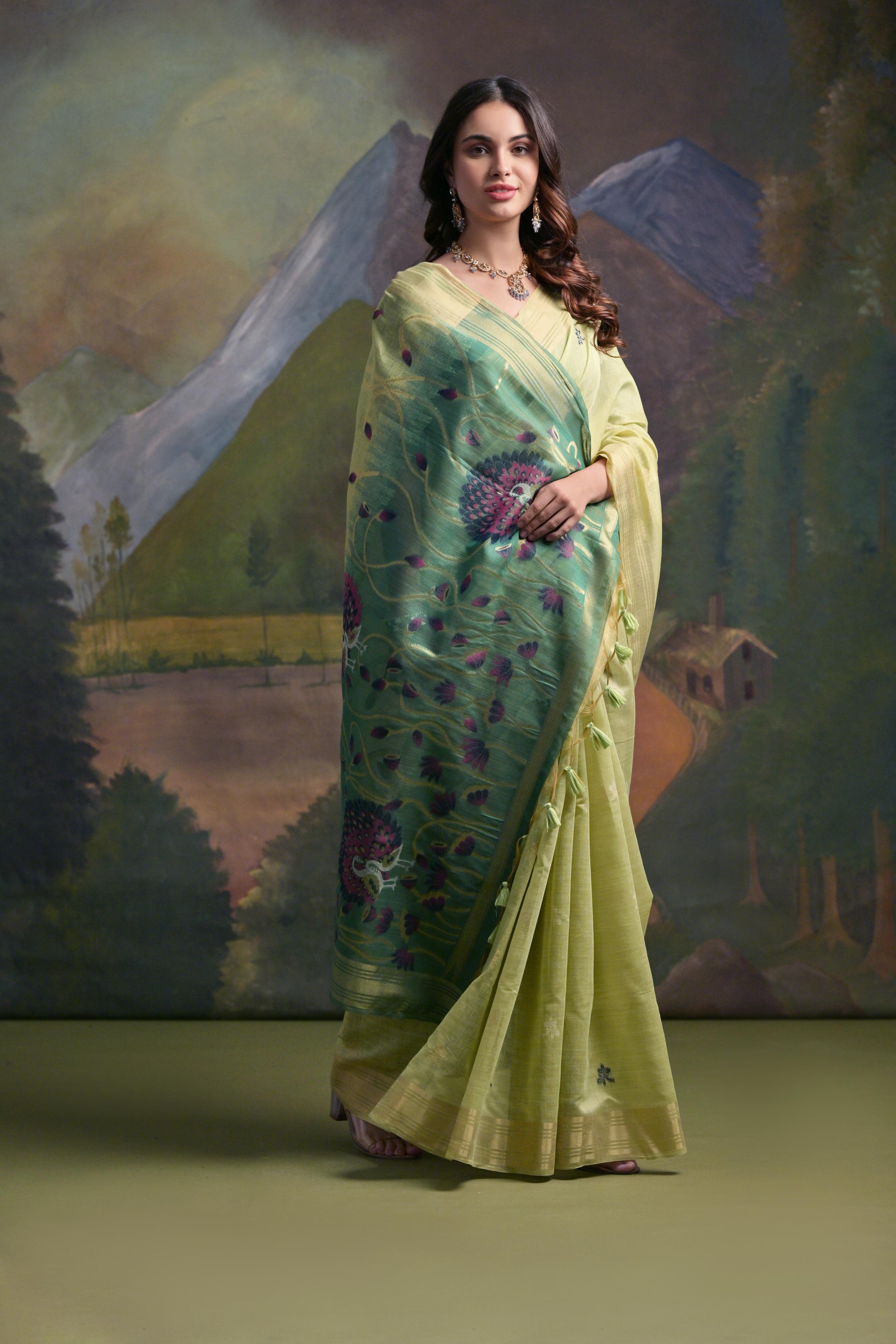 Ethnic Pista Muga Cotton Fancy Summer Special Woven Designer Saree