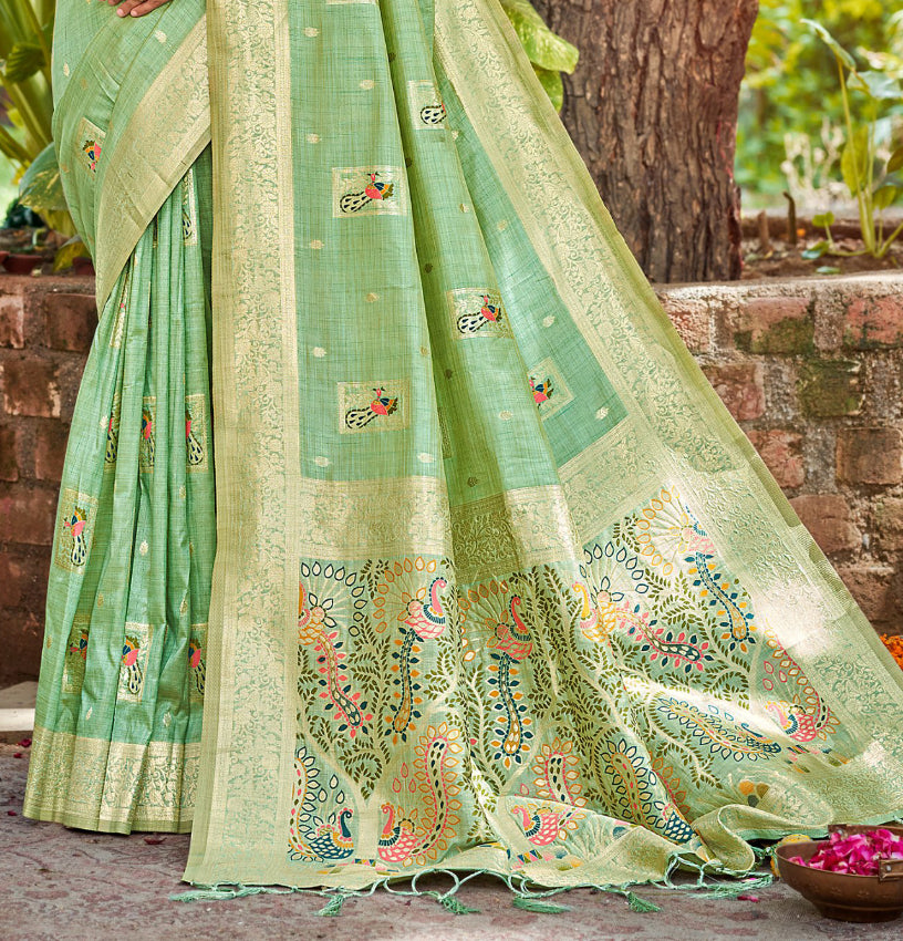 Exquisite Green Assam Silk Meenakari Festival Saree