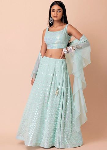 Fabulous Sky-Blue Embroidered Georgette Reception Wear Lehenga Choli