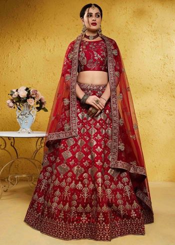 Fascinating Red Embroidered Silk Bridal Lehenga Choli With Dupatta