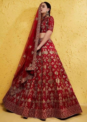 Fascinating Red Embroidered Silk Bridal Lehenga Choli With Dupatta