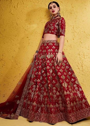 Fascinating Red Embroidered Silk Bridal Lehenga Choli With Dupatta