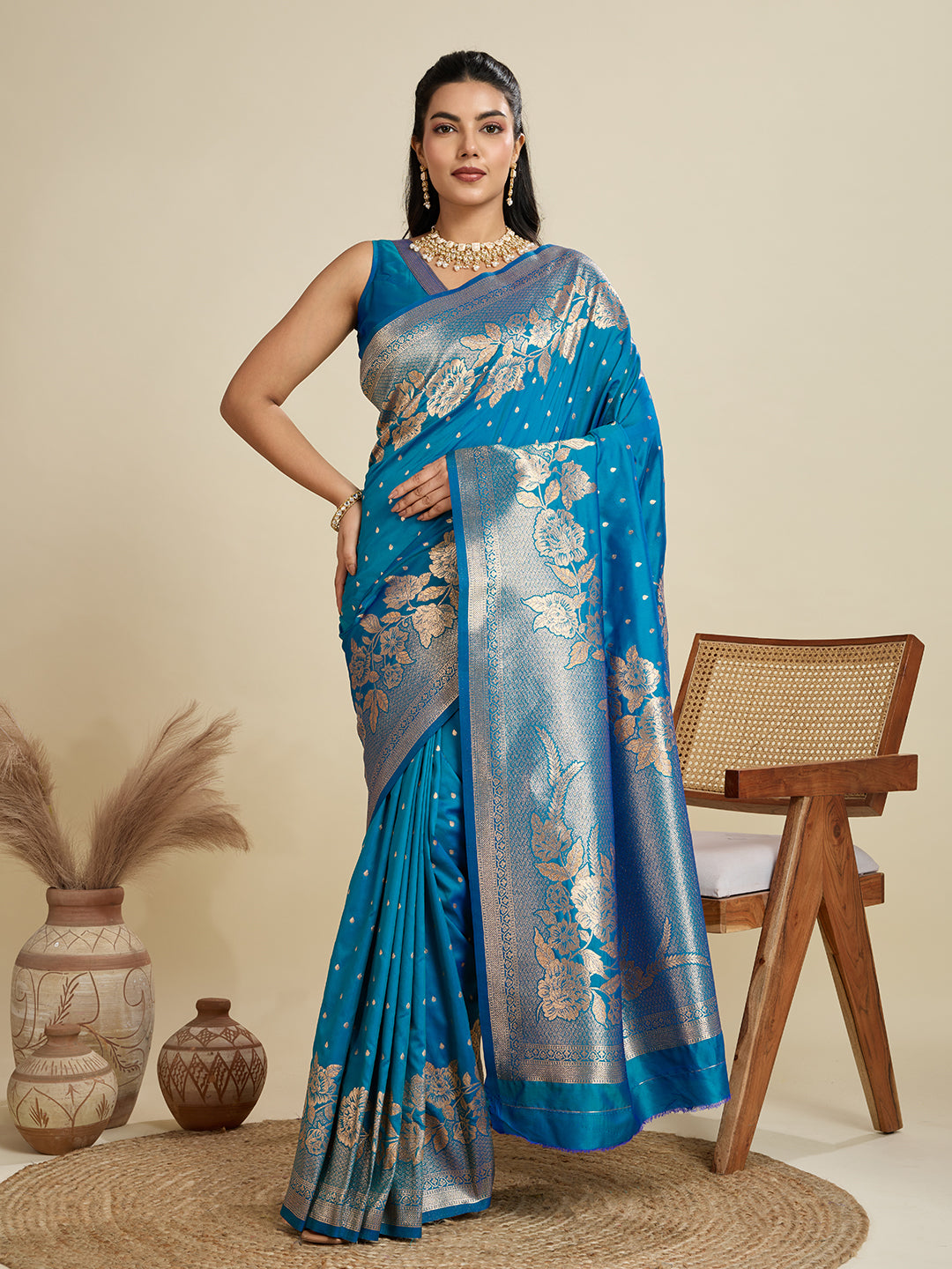 Firozi Banarasi Silk Saree with Butti and Floral Border