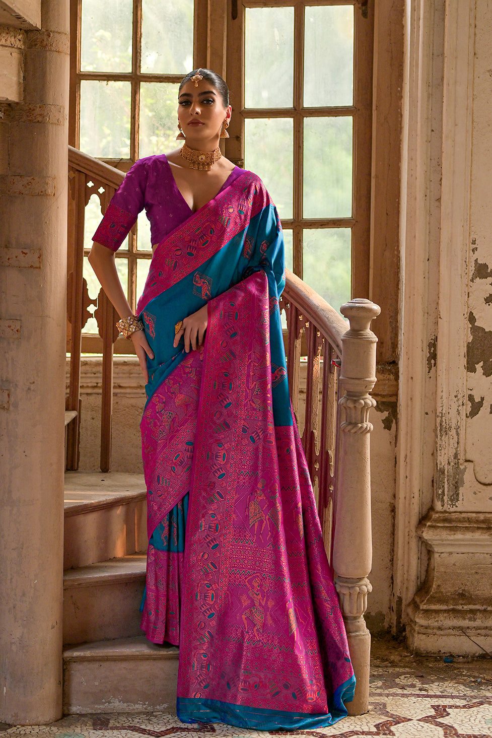 Firozi Banarasi Silk Saree with Kalamkari Zari Design