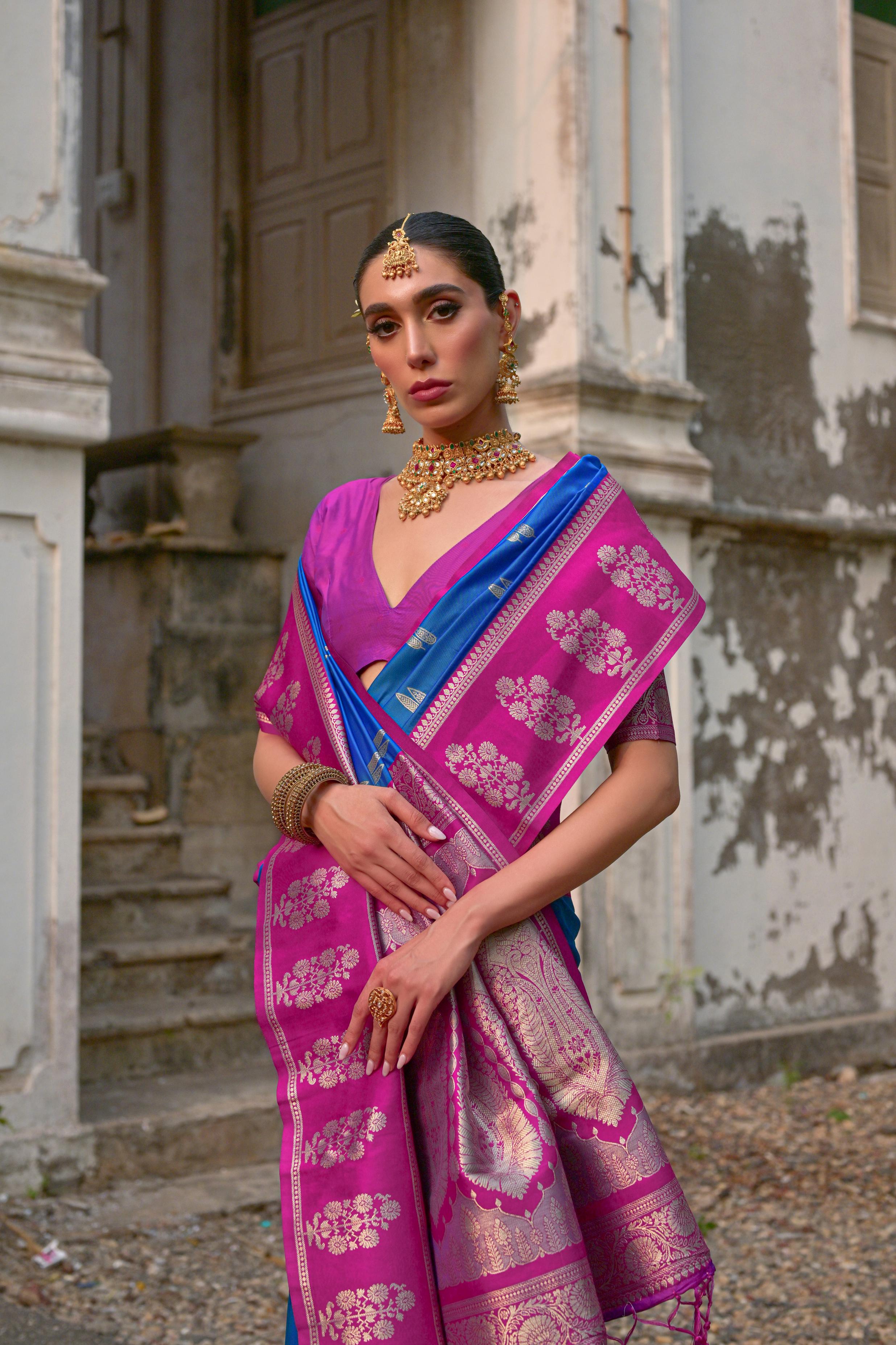 Firozi Banarasi Silk Woven Jari Designer Heavy Rich Looks Ceremonial Saree