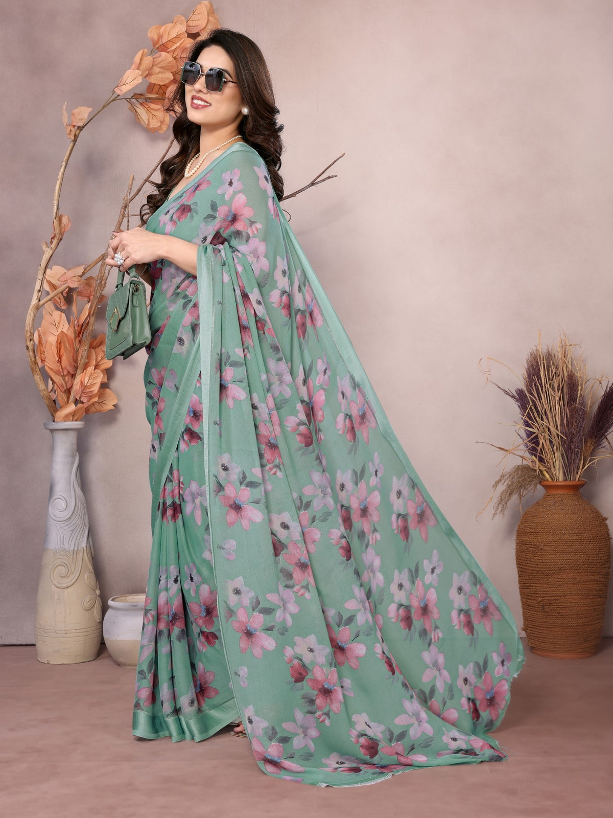 Firozi Bright Moss Satin Patta Saree With Printed