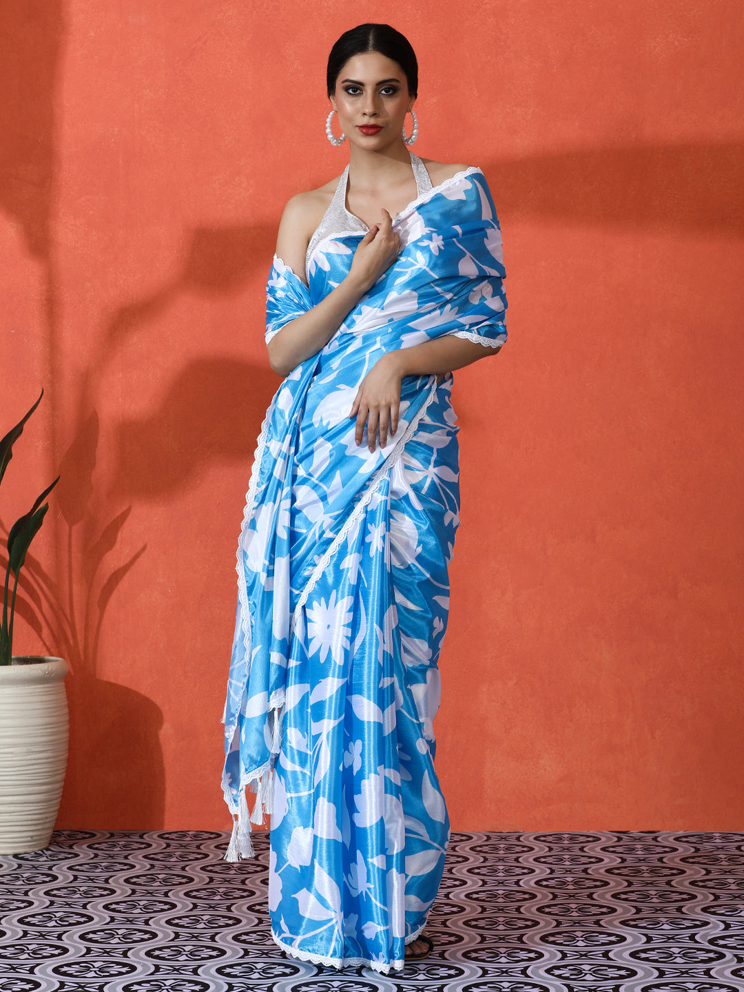 Firozi Chinon Designer Digital Printed Saree For Ceremonial Looks