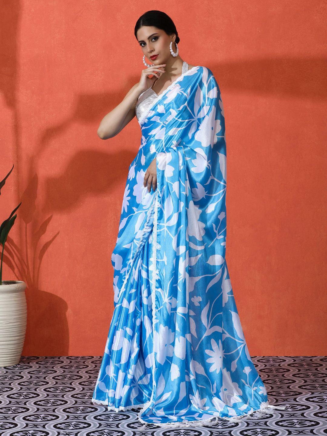 Firozi Chinon Designer Digital Printed Saree For Ceremonial Looks