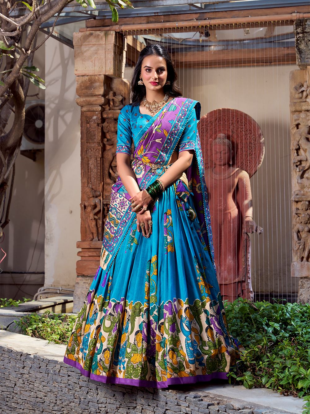Firozi Elegance Tussar Silk Lehenga with Kalamkari Magic & Gota Patti Glam