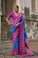 Firozi Kanchi Silk Saree with Leaf Design and Contrast Pallu
