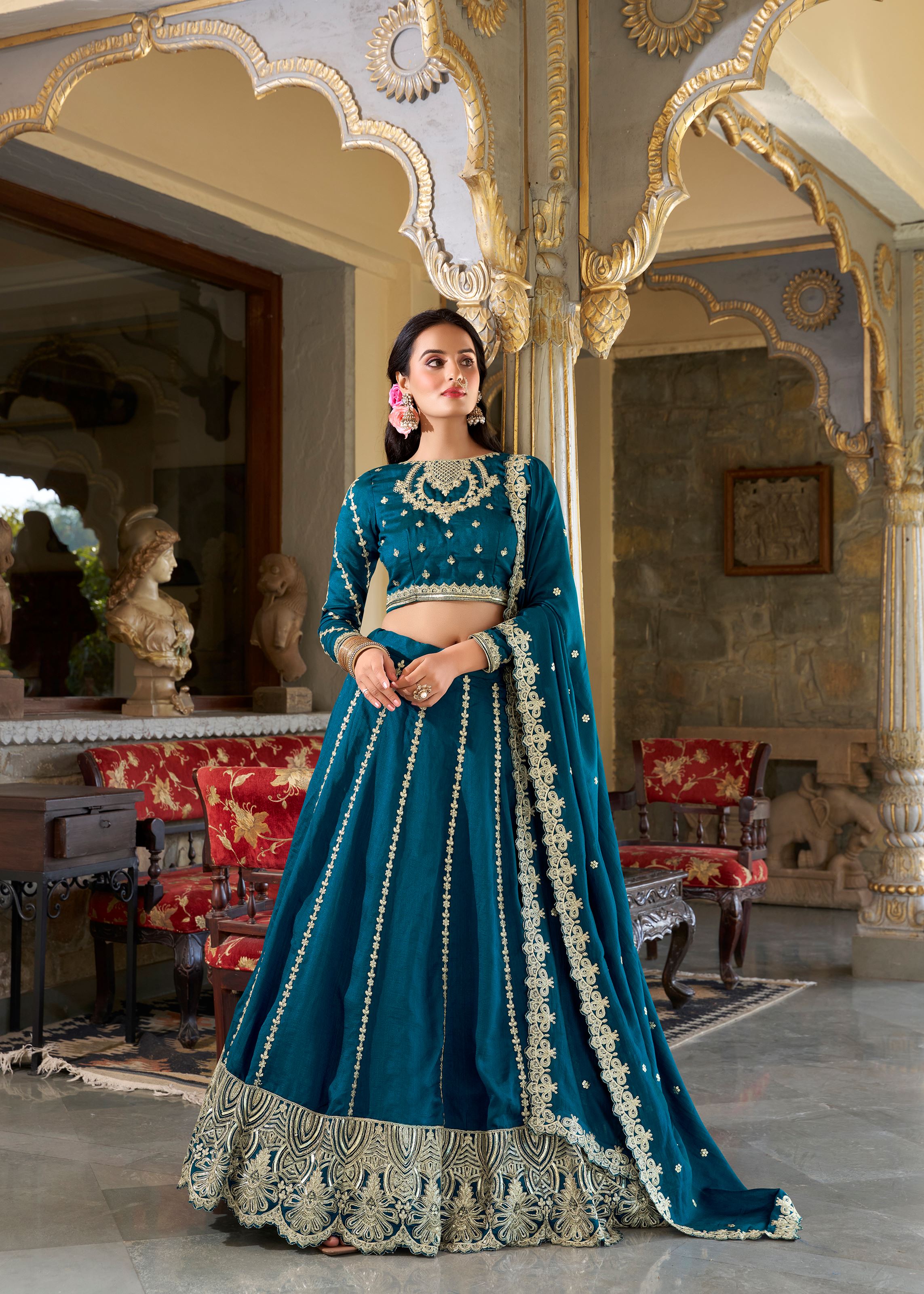 Firozi Lehenga in Vichitra Silk with Intricate Thread Work