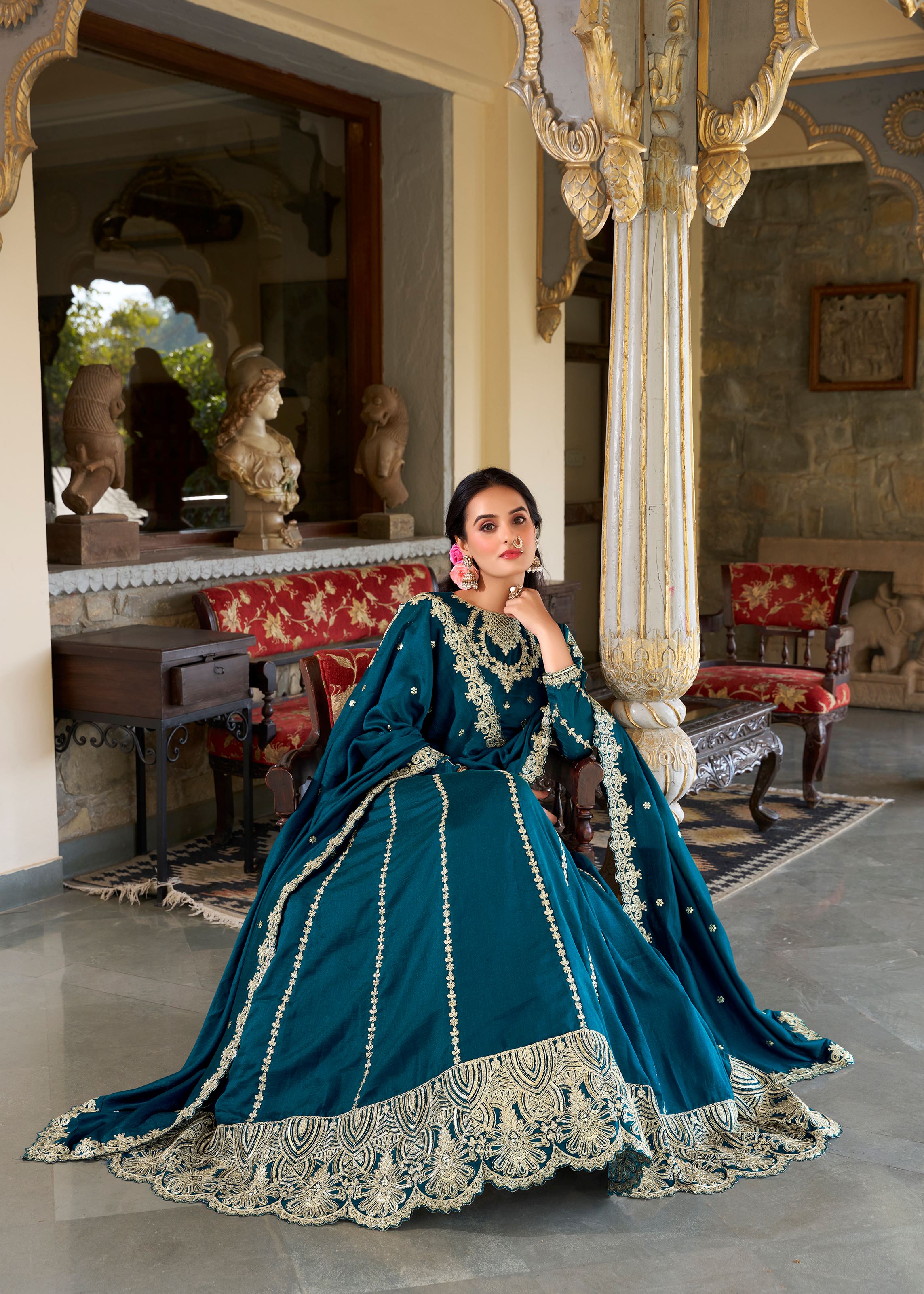 Firozi Lehenga in Vichitra Silk with Intricate Thread Work