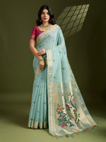 Firozi Muga Cotton Saree with Flower Butti and Paithani Pallu