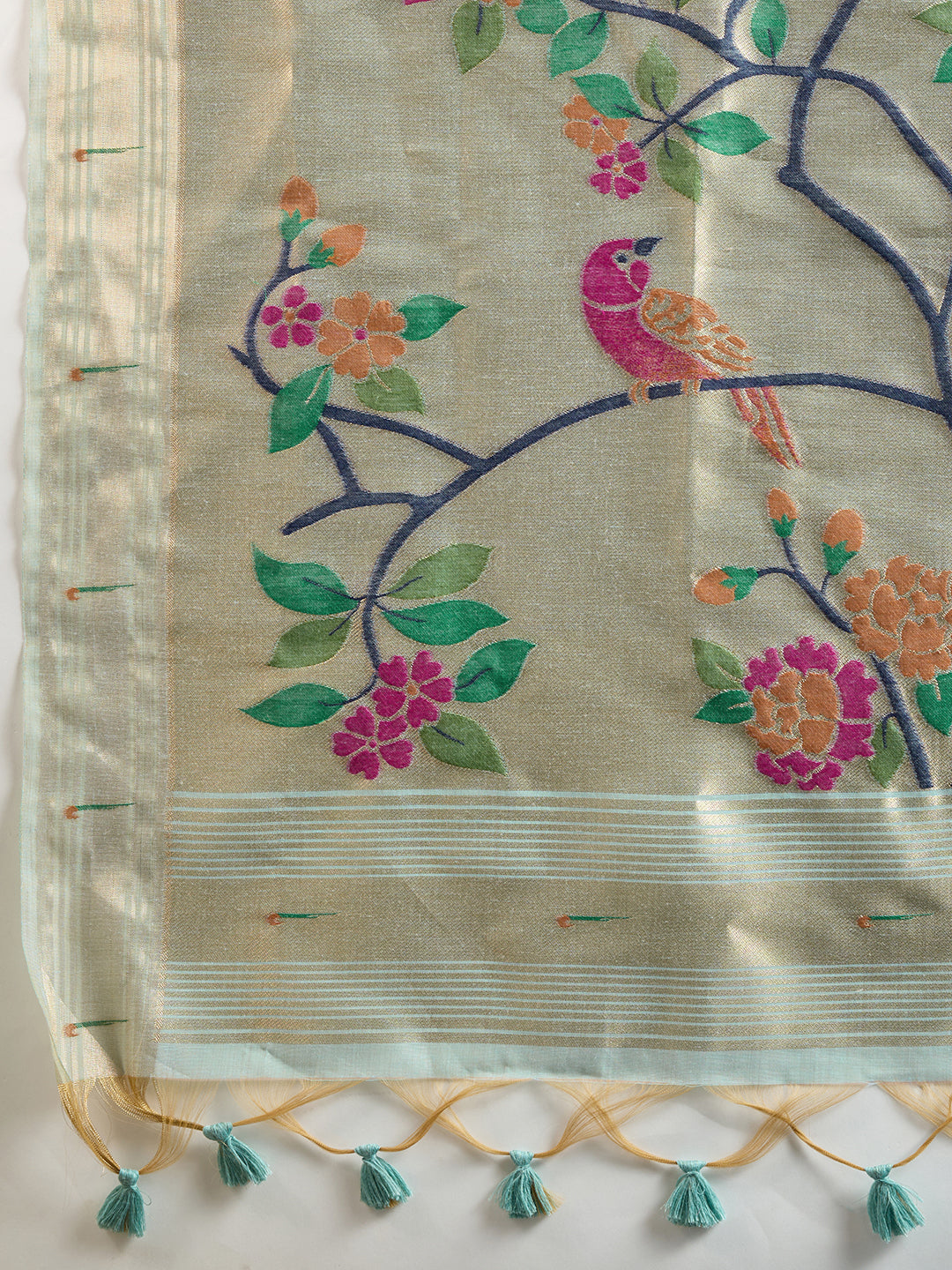 Firozi Muga Cotton Saree with Flower Butti and Paithani Pallu