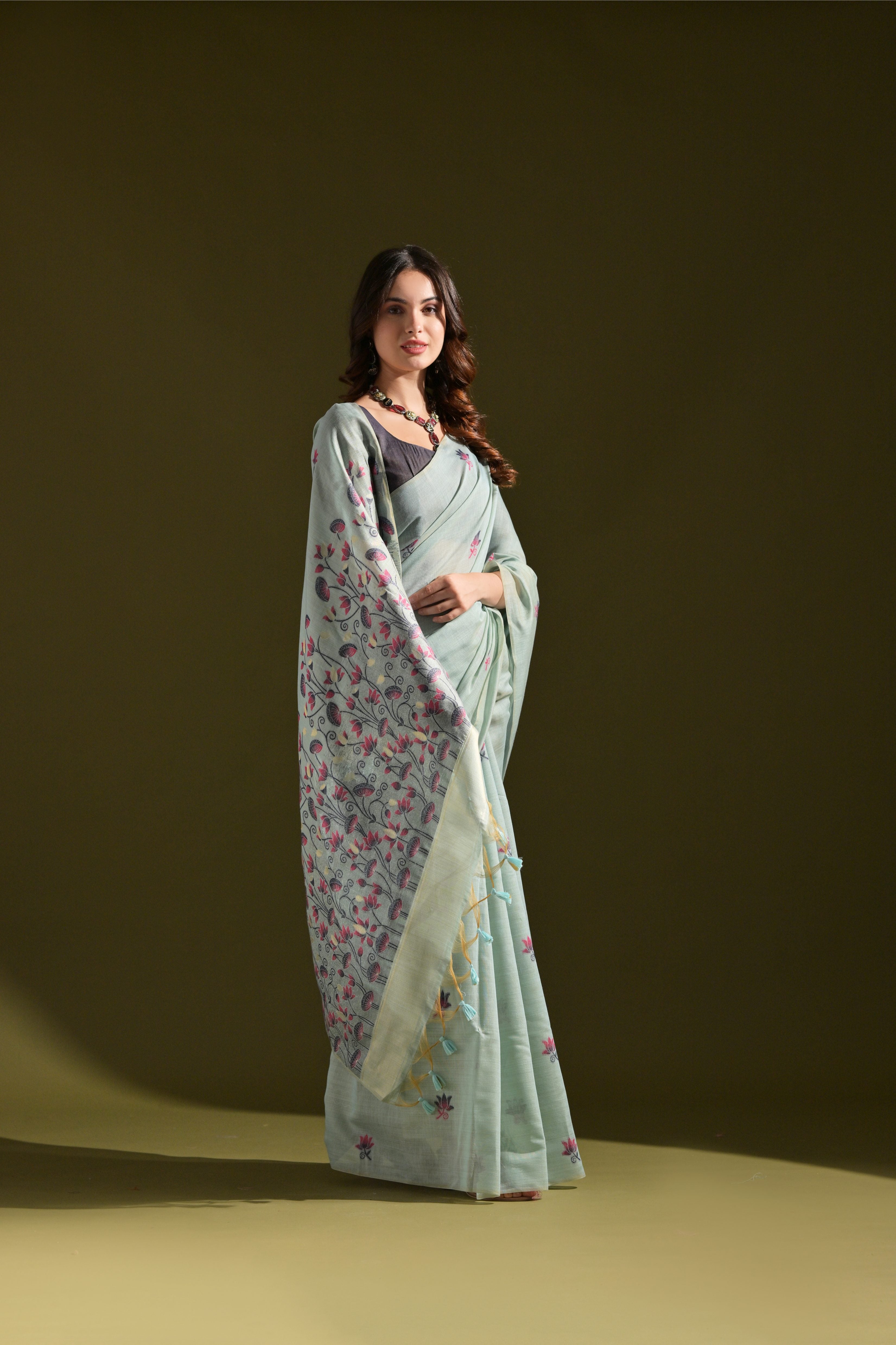 Firozi Muga Cotton Saree with Lotus Thread Design