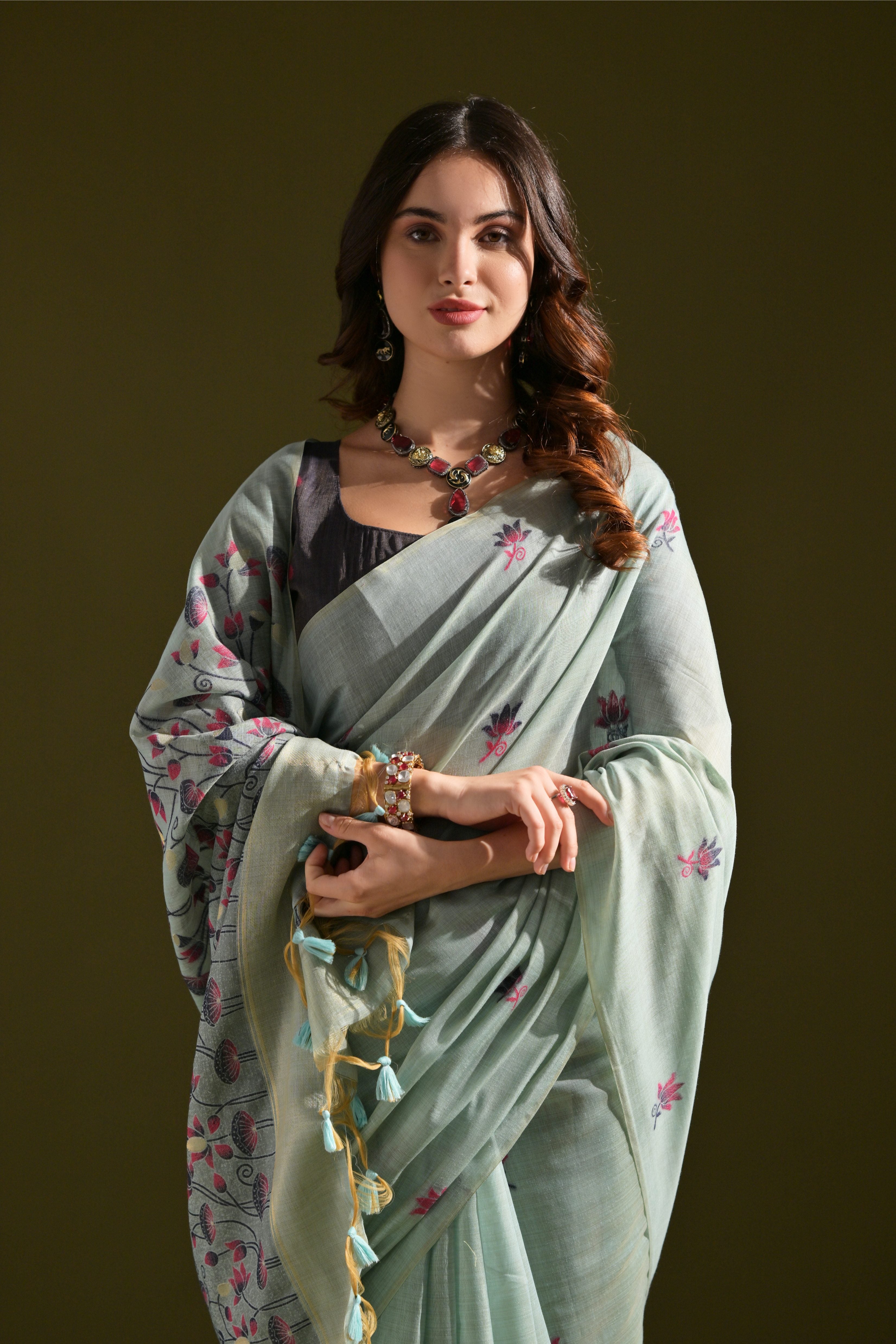 Firozi Muga Cotton Saree with Lotus Thread Design