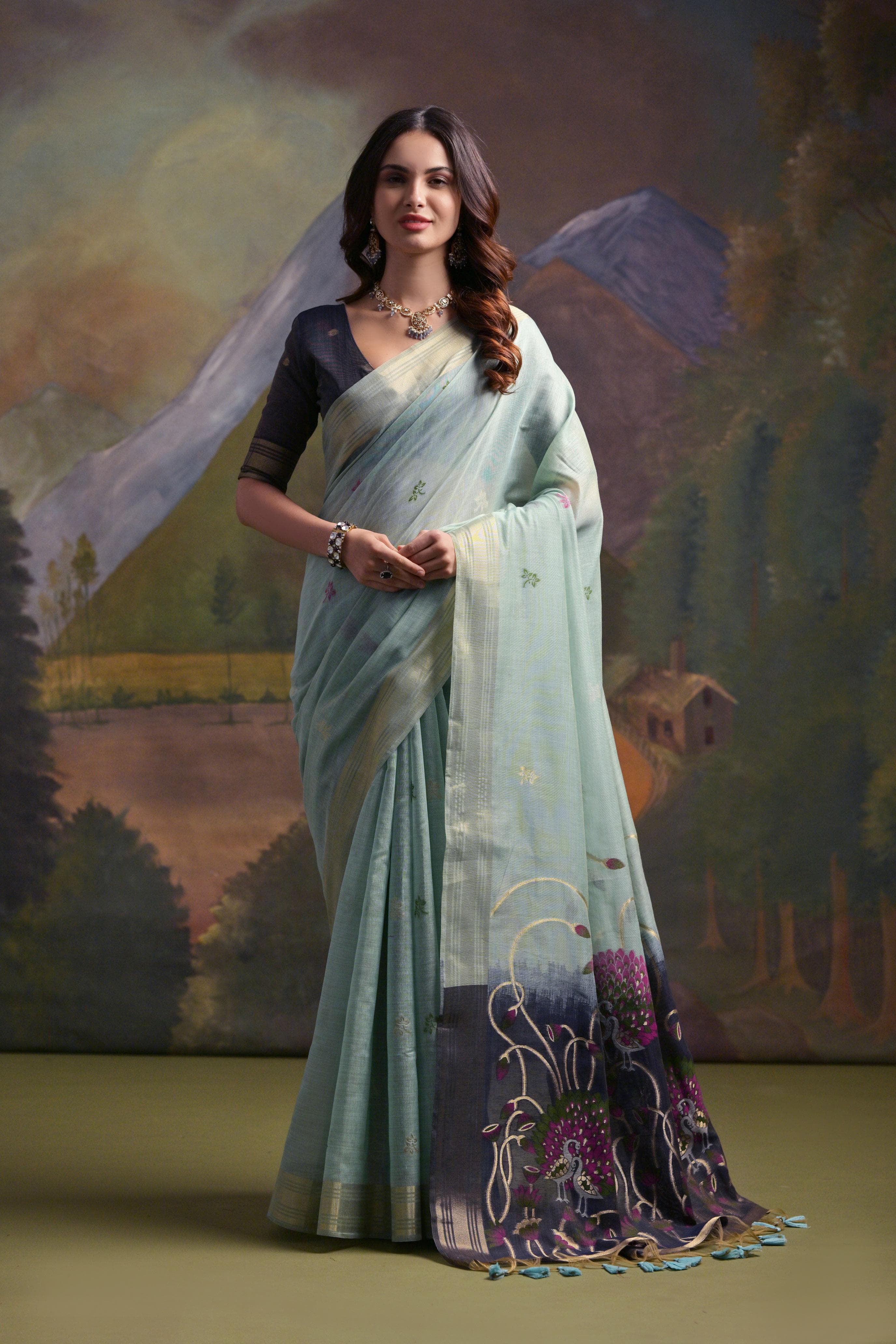 Firozi Muga Cotton Saree with Peacock Pallu and Butti Weaves