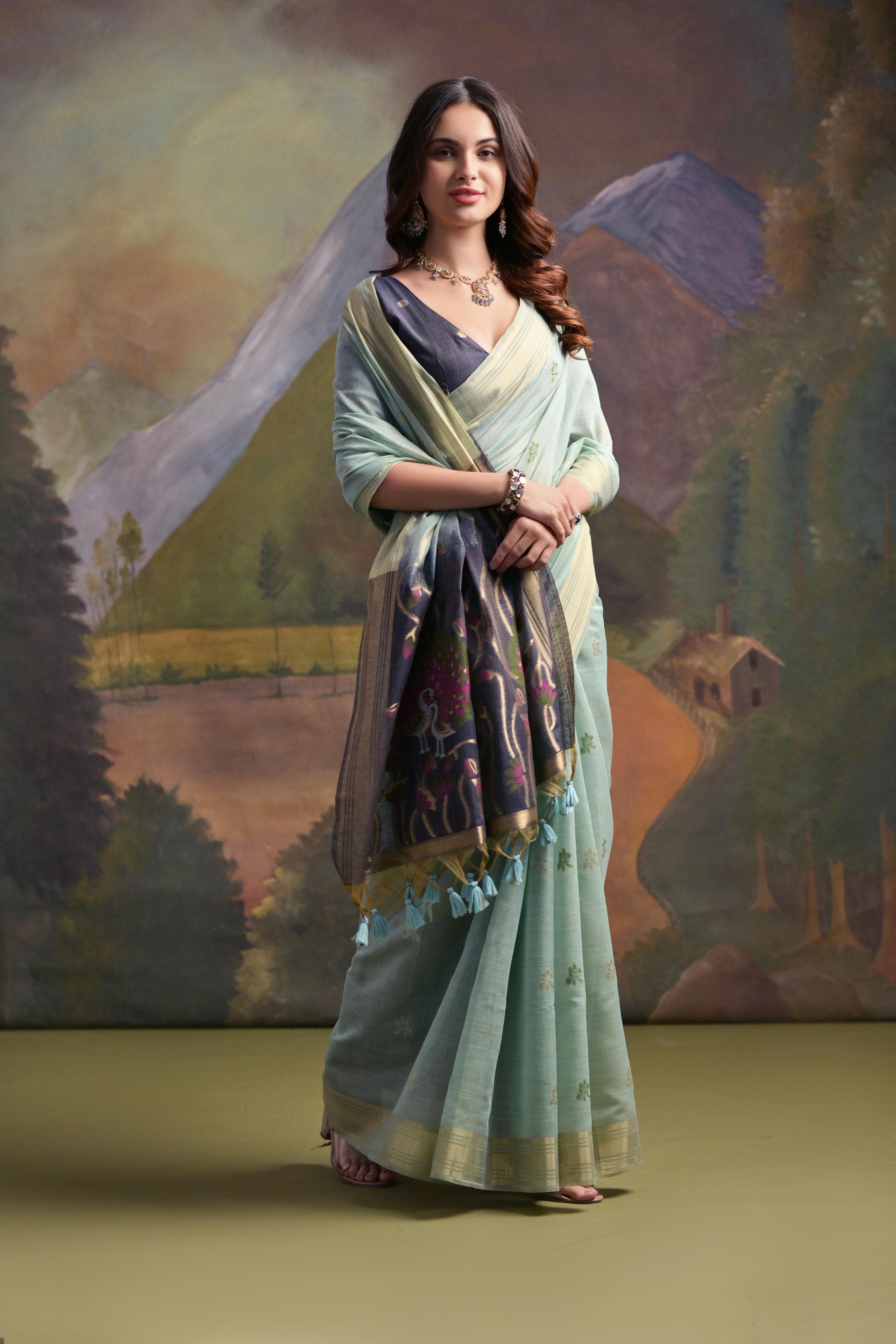 Firozi Muga Cotton Saree with Peacock Pallu and Butti Weaves