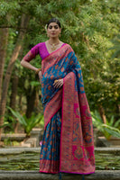 Firozi Pashmina Silk Saree with Floral Jal and Thread Pallu