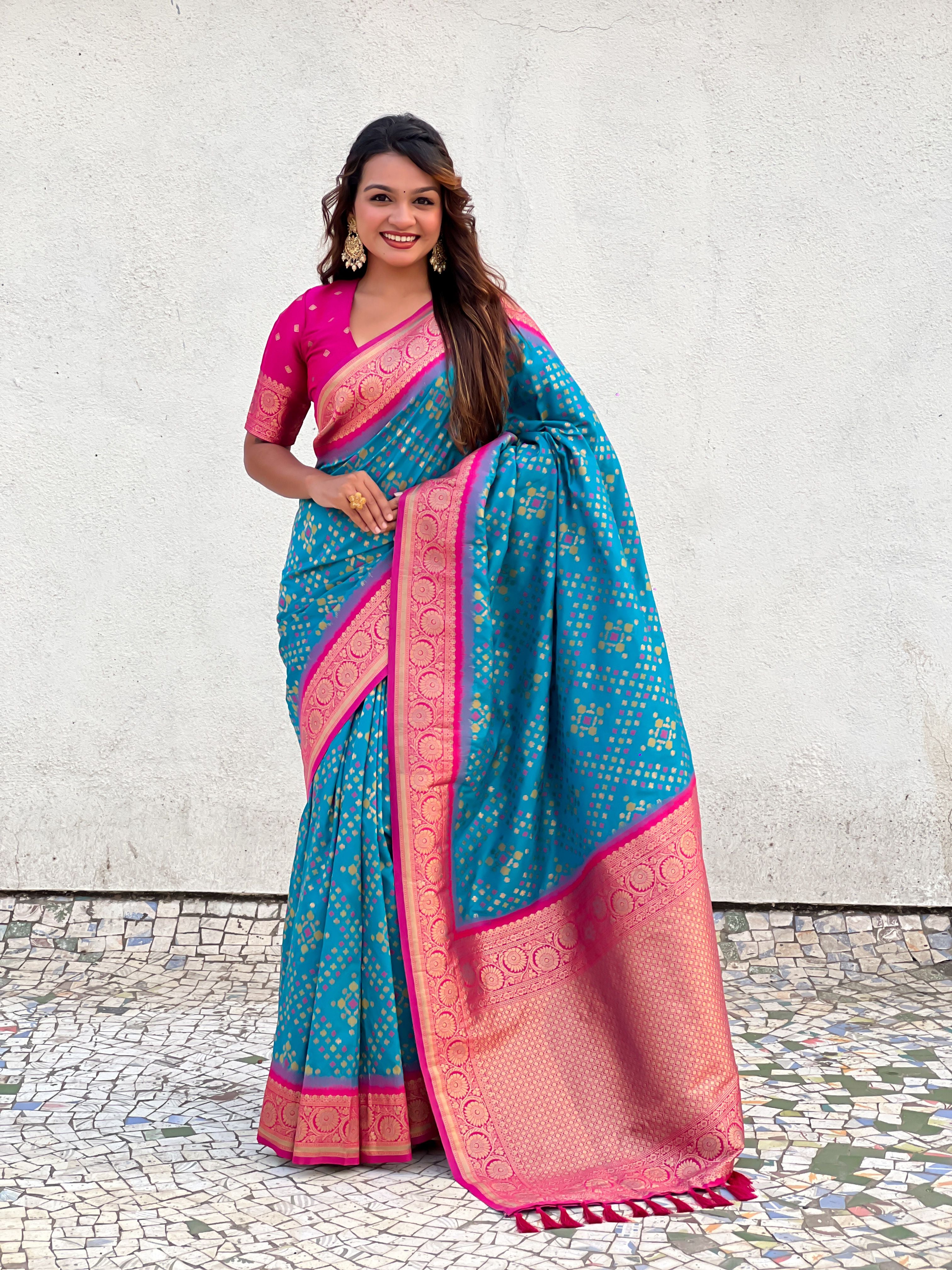 Firozi Patola Silk Weaving Ikkat Meenakari Designer Graceful Ceremonial Saree