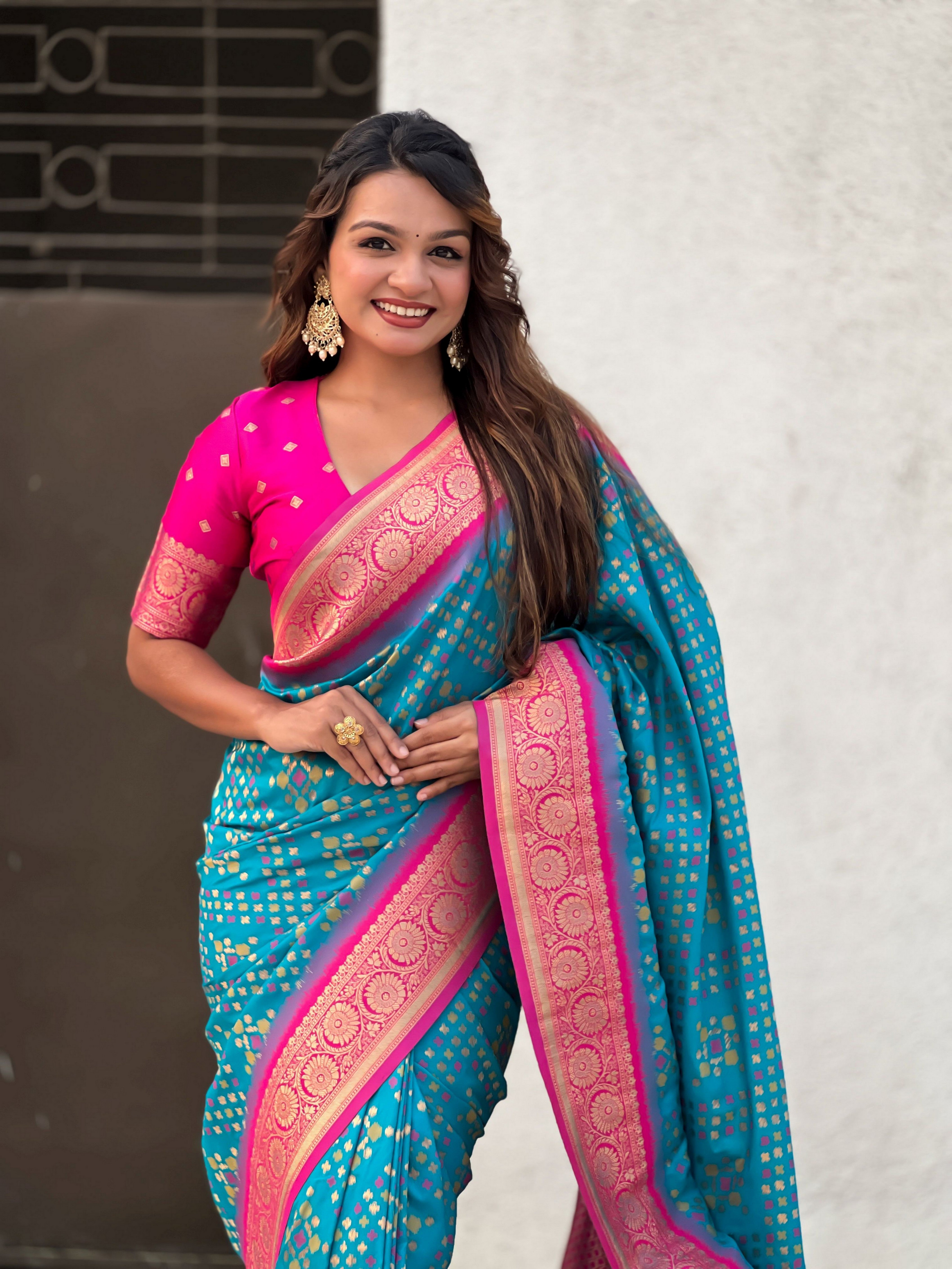 Firozi Patola Silk Weaving Ikkat Meenakari Designer Graceful Ceremonial Saree