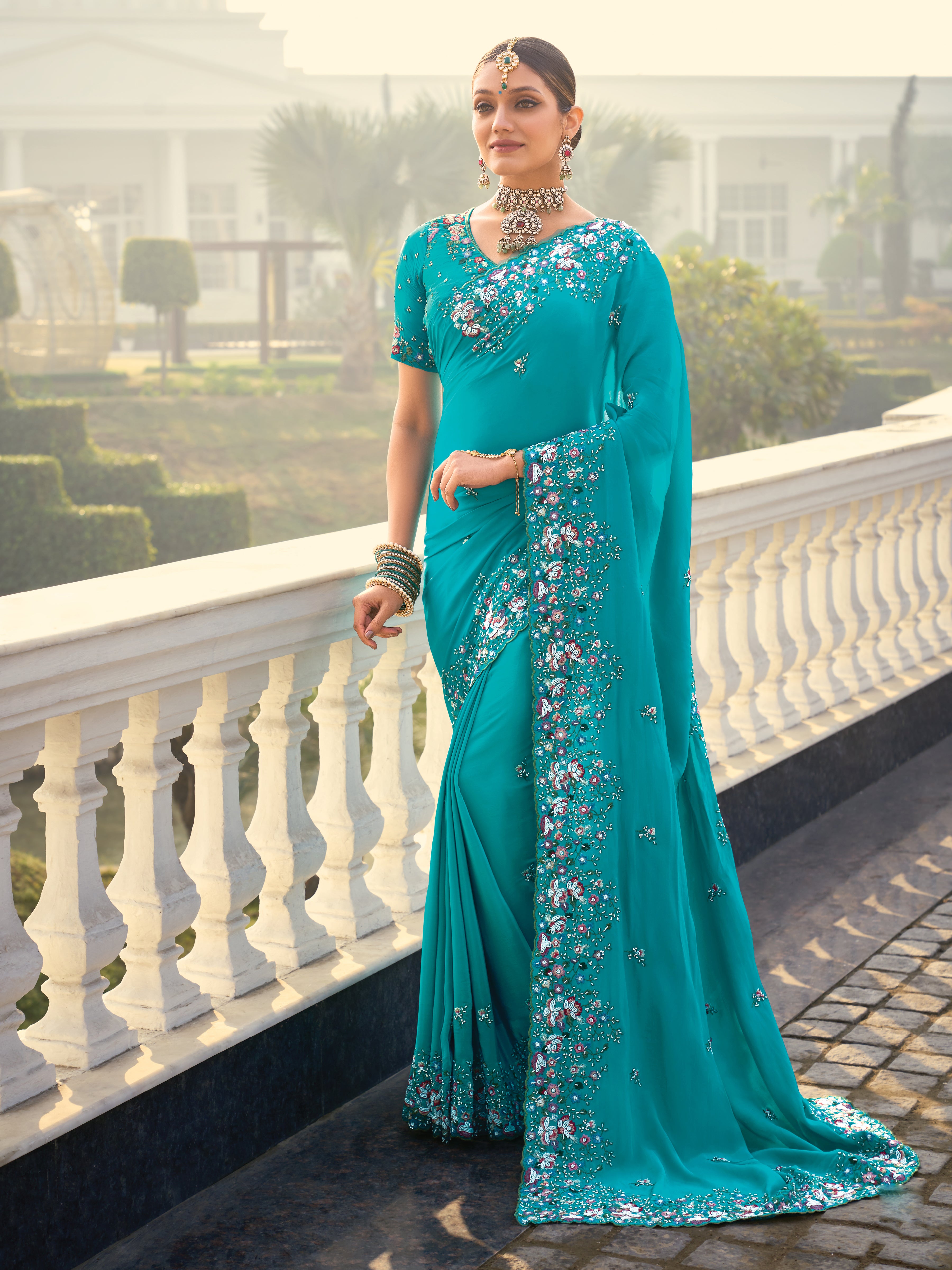 Firozi Pure Crepe Saree With Embroidery Work