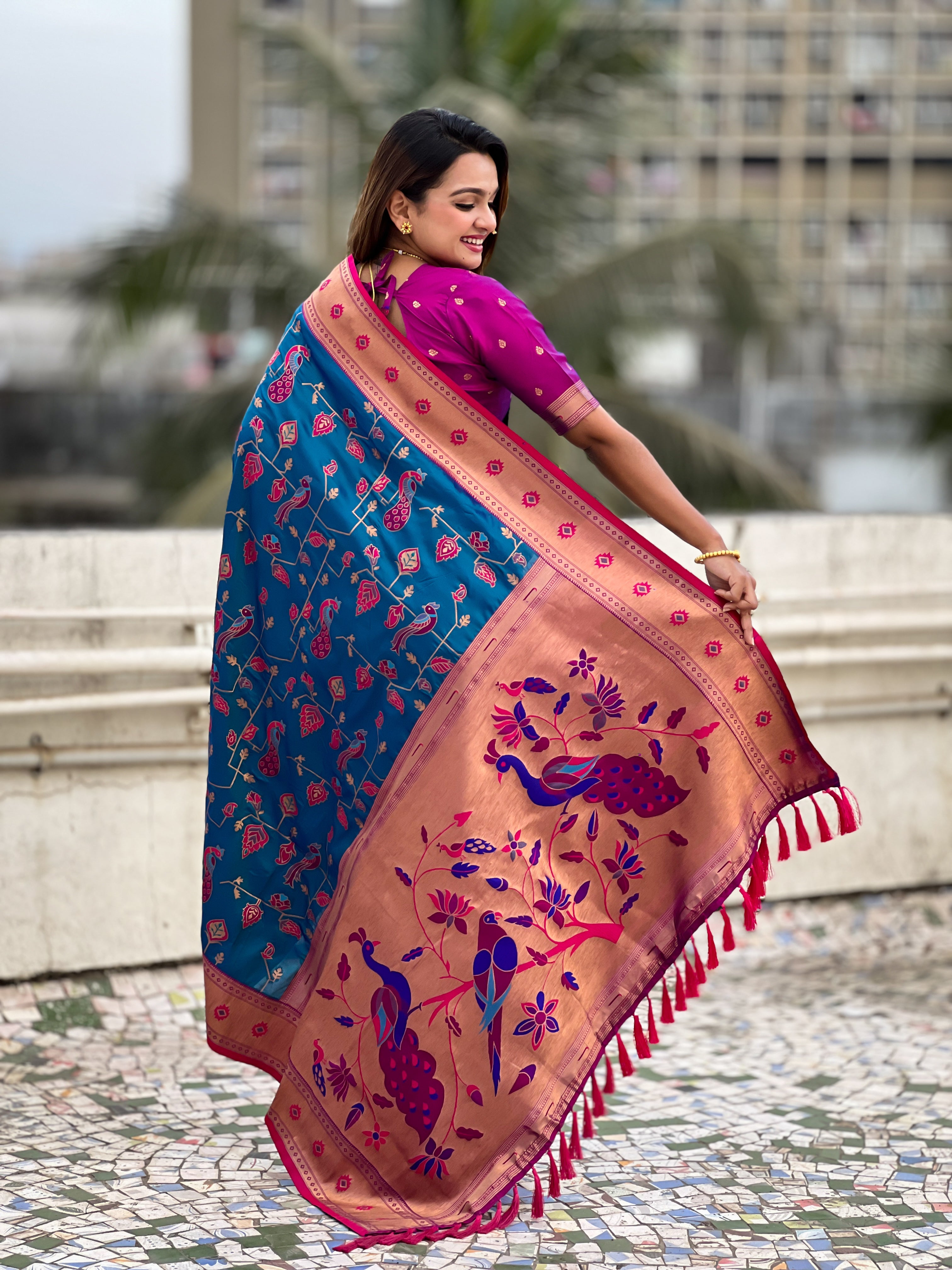 Firozi Soft Silk Fabri Woven Paithani Meenakari Designer Ceremonial Saree
