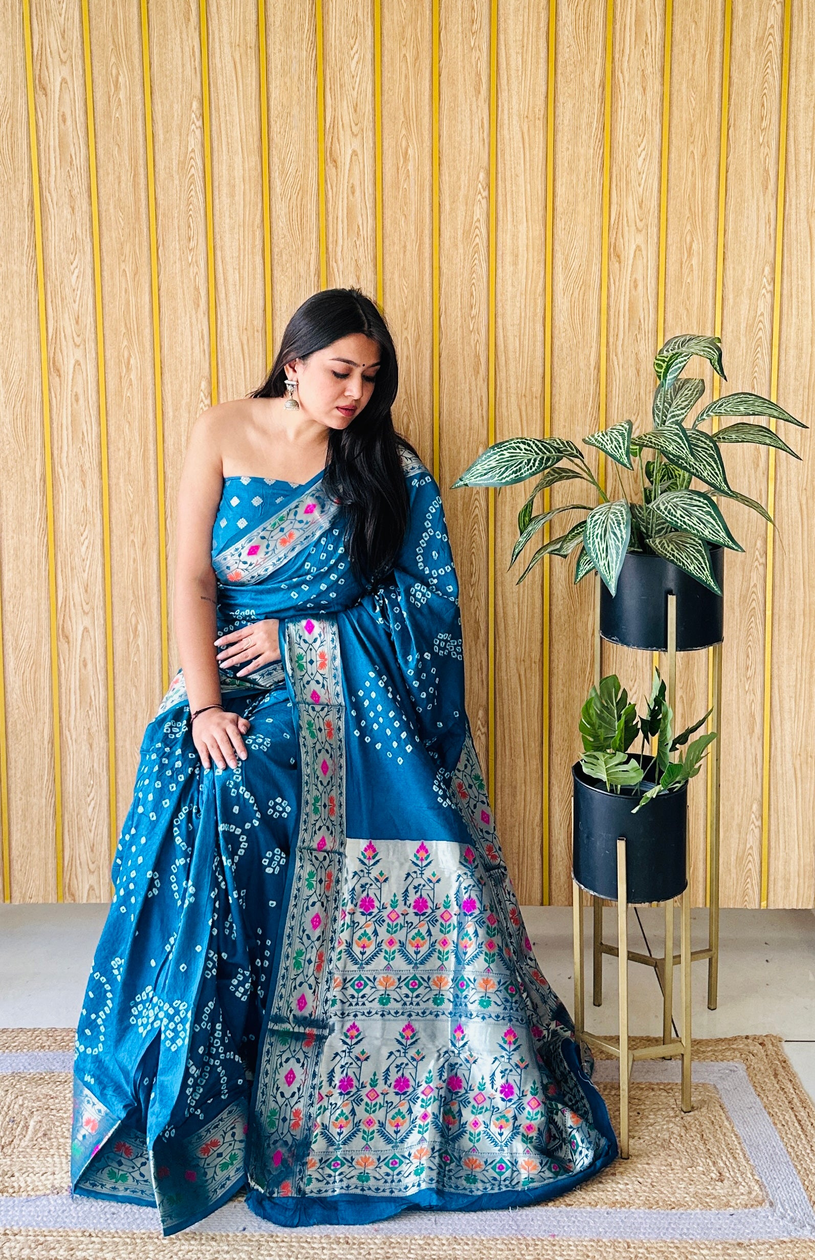 Firozi Woven Paithani Designer With Bandhej Printed Beautiful Ceremonial Saree