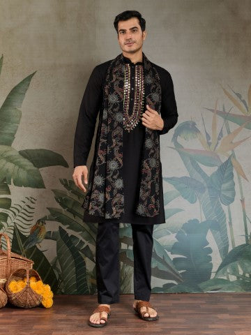 Foil Printed Black Viscose Rayon Ethnic Kurta with Dupatta