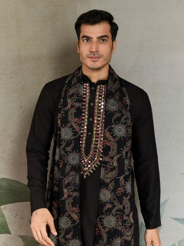 Foil Printed Black Viscose Rayon Ethnic Kurta with Dupatta