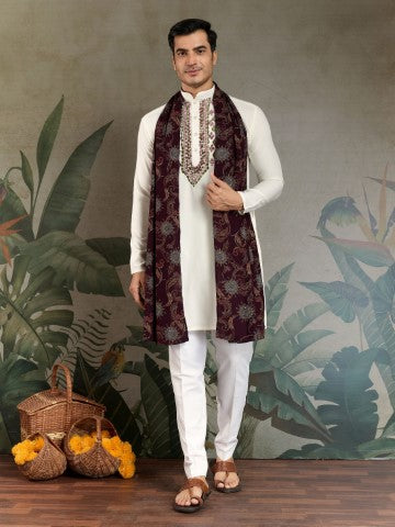 Foil Printed White Viscose Rayon Ethnic Kurta with Dupatta