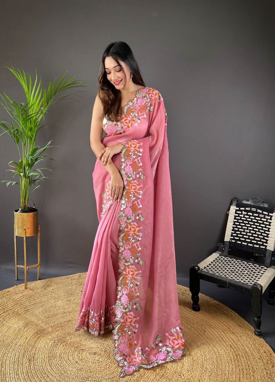 Gajari Colour Soft Glossy Silk Heavy Embroidery Work Saree