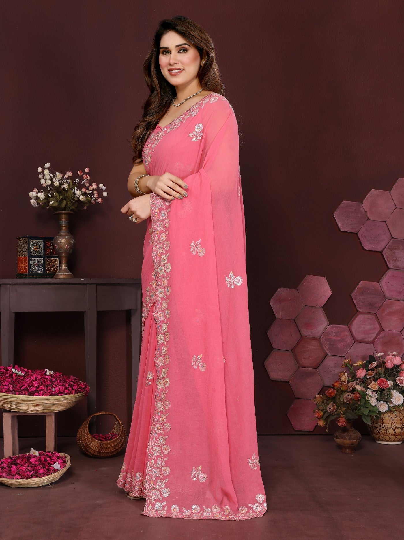 Gajari Georgette Saree With Embroidery Work And Designer Blouse