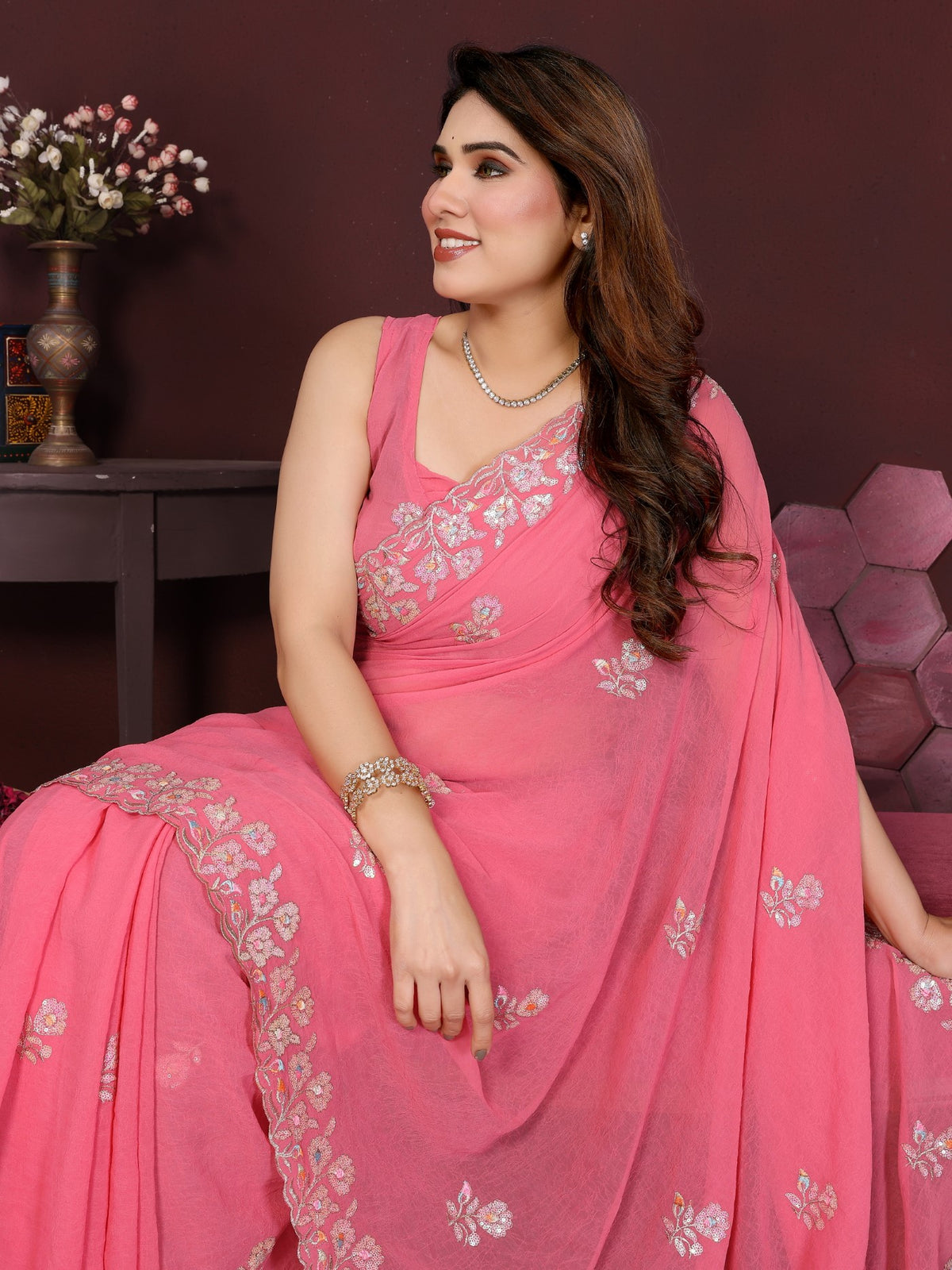 Gajari Georgette Saree With Embroidery Work And Designer Blouse