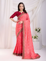 Gajari  Vichitra silk  Saree with Golden Foil  bandhani print with embroidery work lace Work