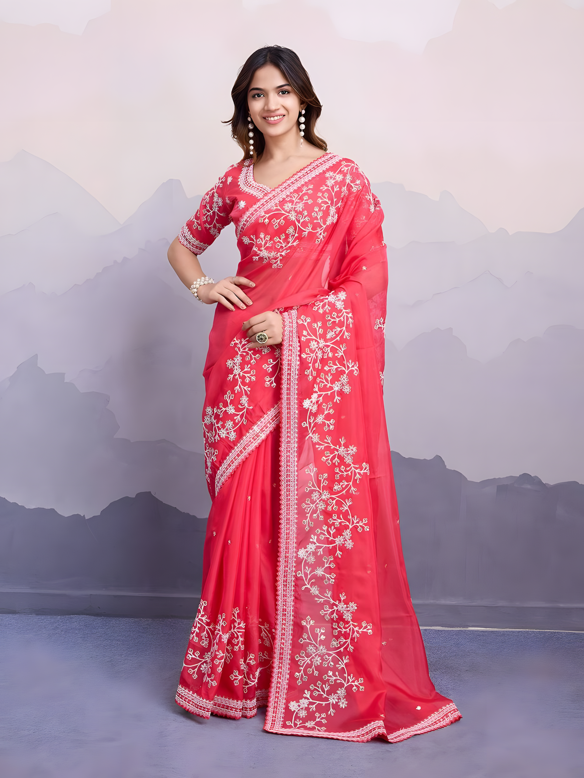 Gajari soft Taby Organza Silk Saree with Embroidery Work
