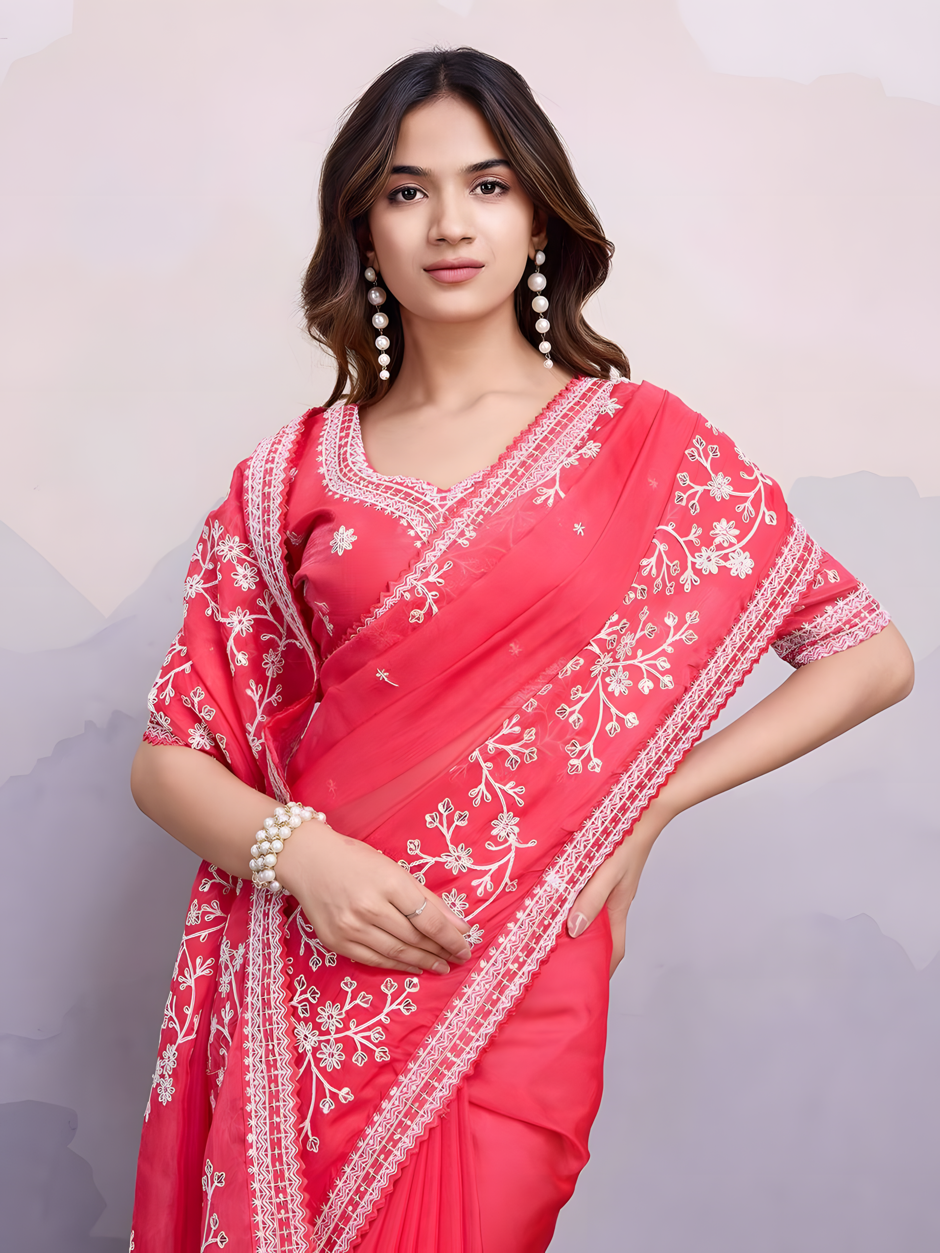 Gajari soft Taby Organza Silk Saree with Embroidery Work