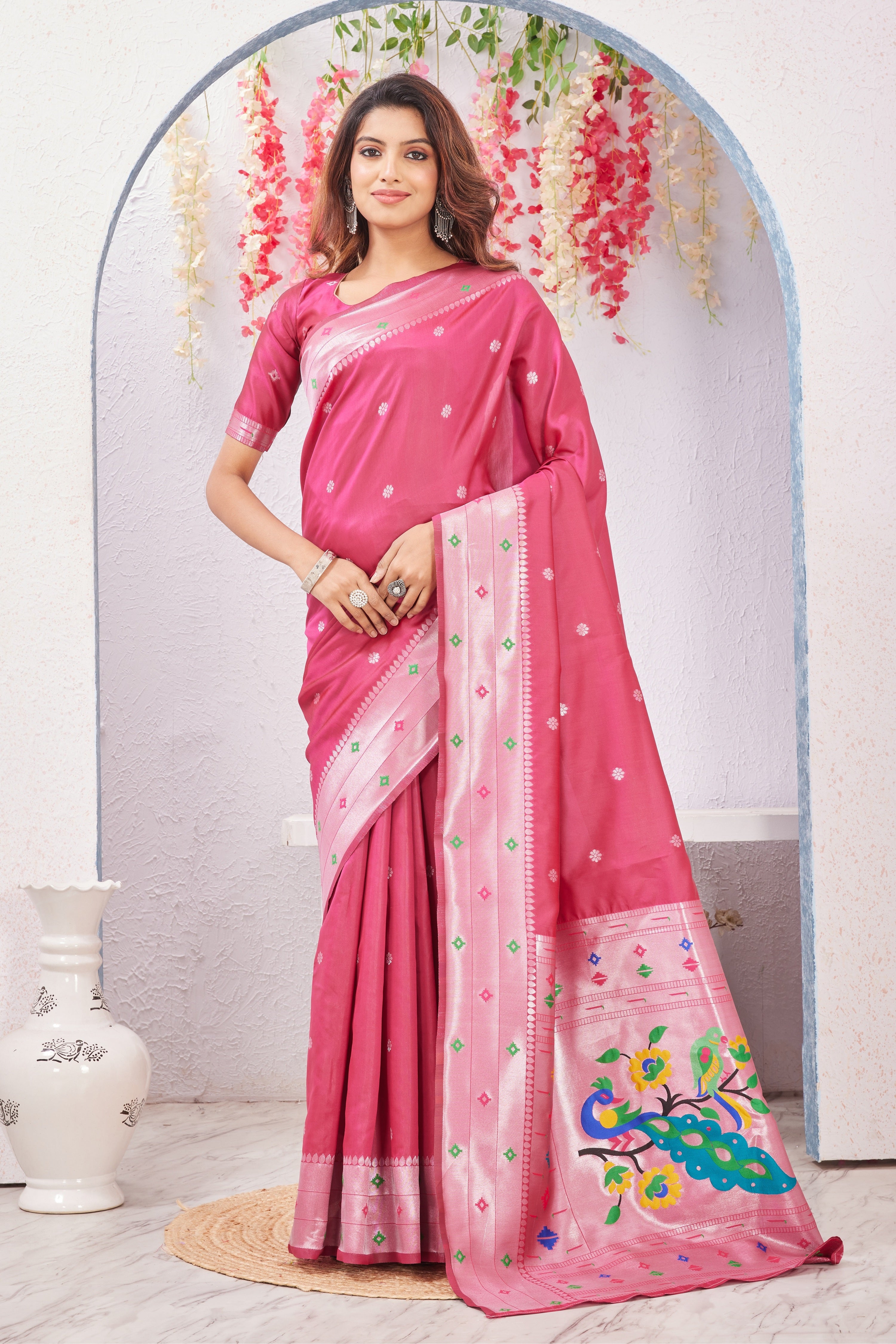 Gajri Banarasi Silk Saree with Peacock Motif, Rich Pallu & Jacquard Jari Work