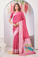 Gajri Banarasi Silk Saree with Peacock Motif, Rich Pallu & Jacquard Jari Work