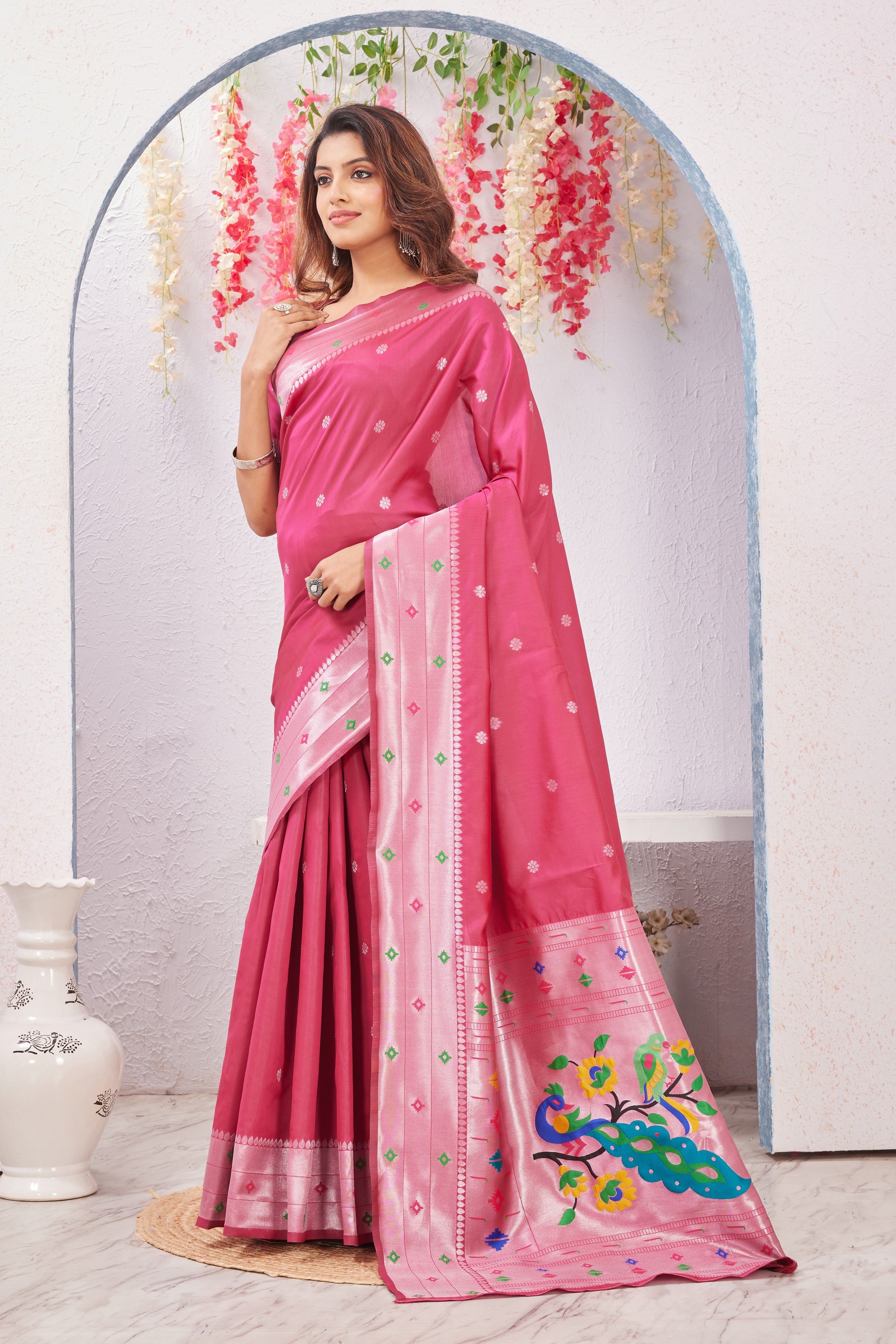 Gajri Banarasi Silk Saree with Peacock Motif, Rich Pallu & Jacquard Jari Work