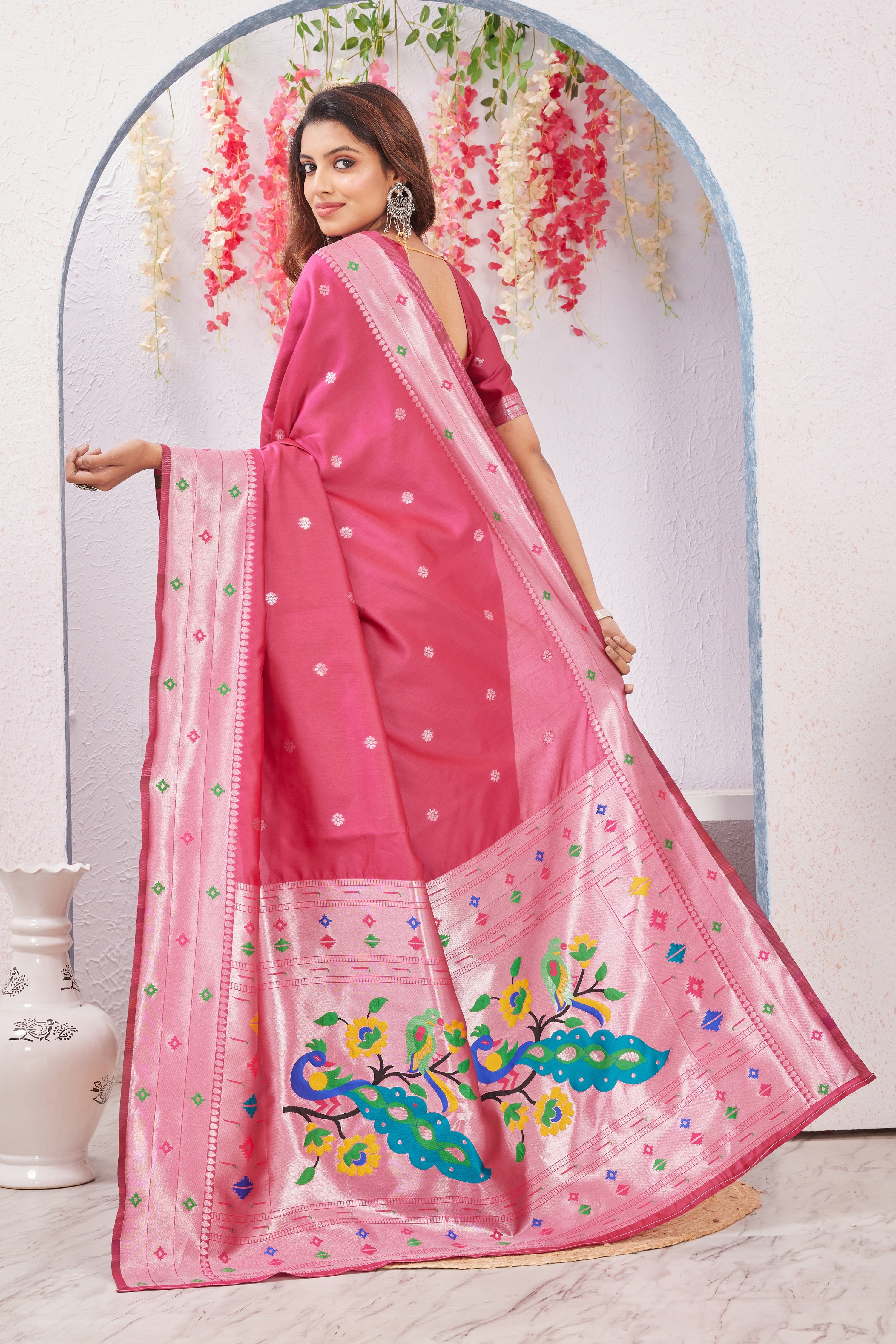 Gajri Banarasi Silk Saree with Peacock Motif, Rich Pallu & Jacquard Jari Work