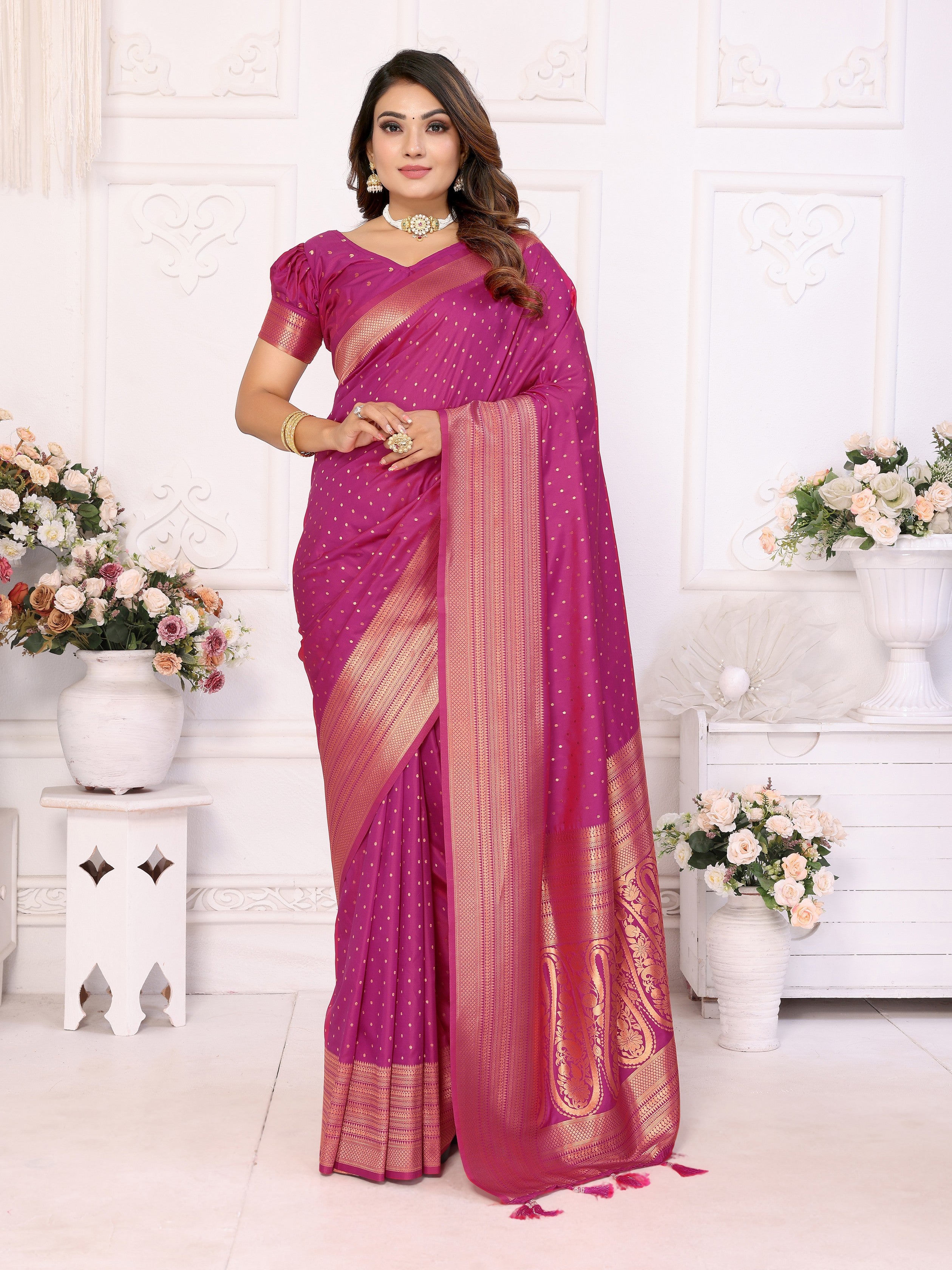 Girlie Woven Jari Designer Soft Silk Saree In Magenta
