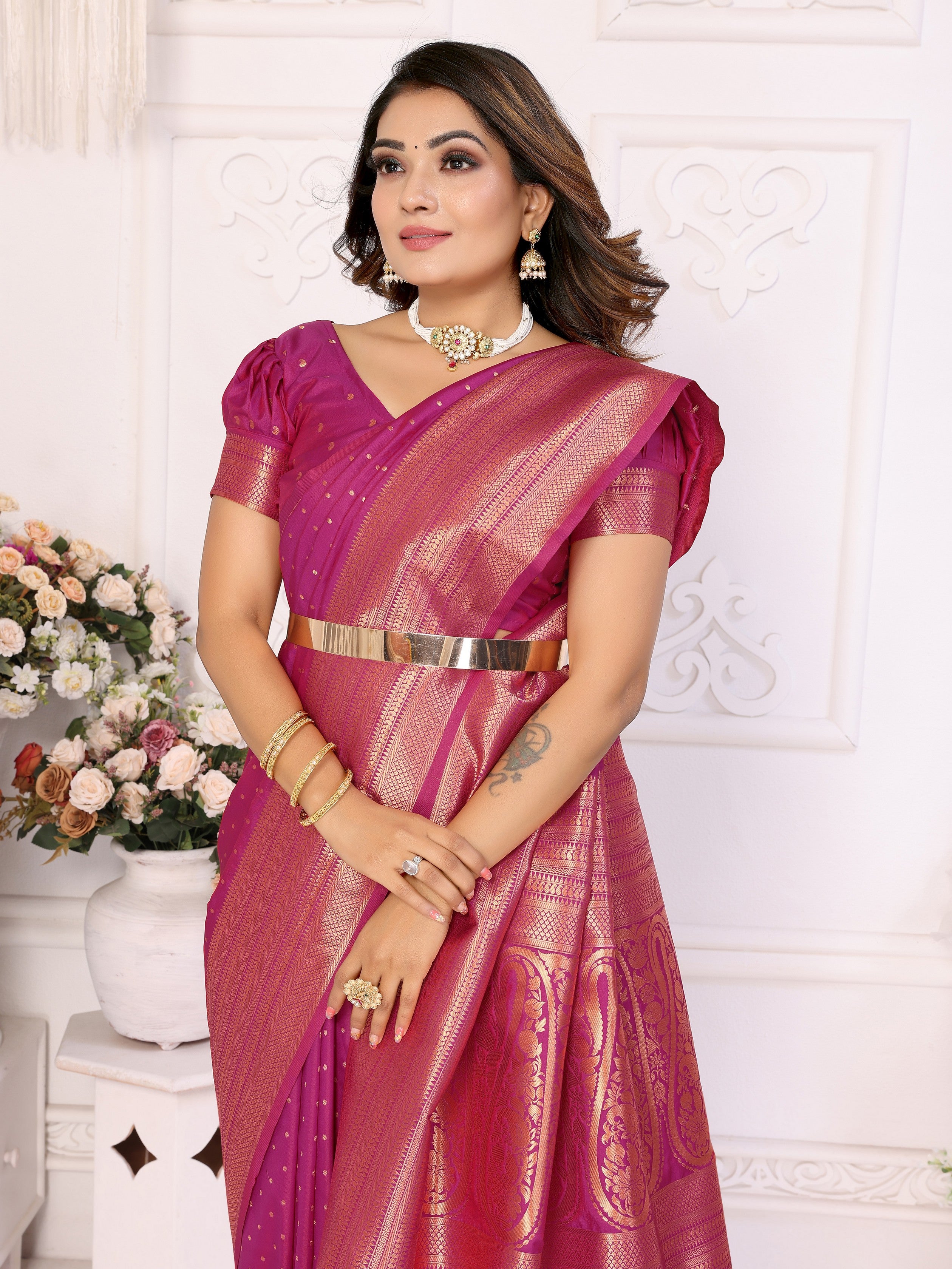 Girlie Woven Jari Designer Soft Silk Saree In Magenta